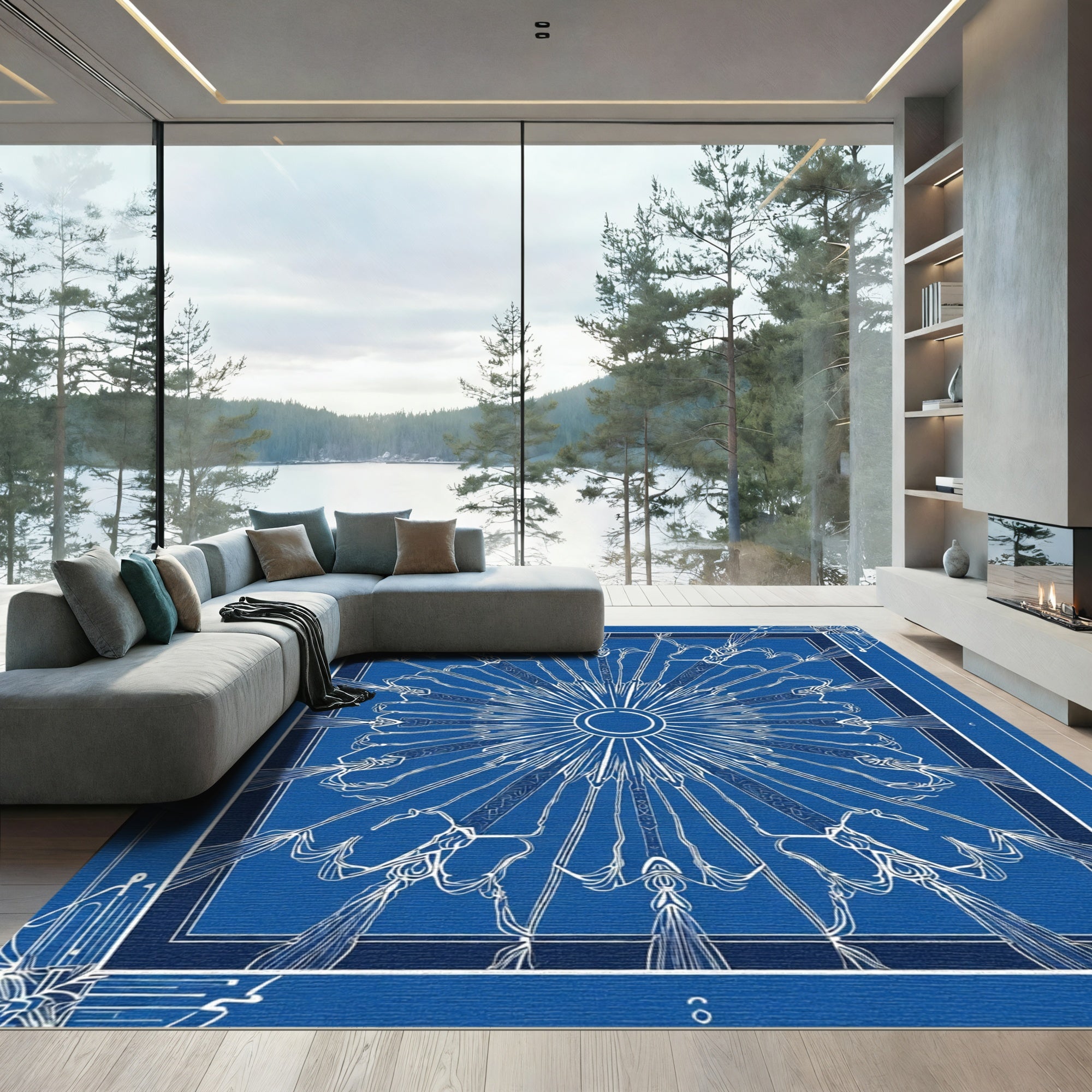 Deep Blue Sunburst Geometric Rug