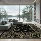 Black Gold Feline Floral Regal Frame Rug