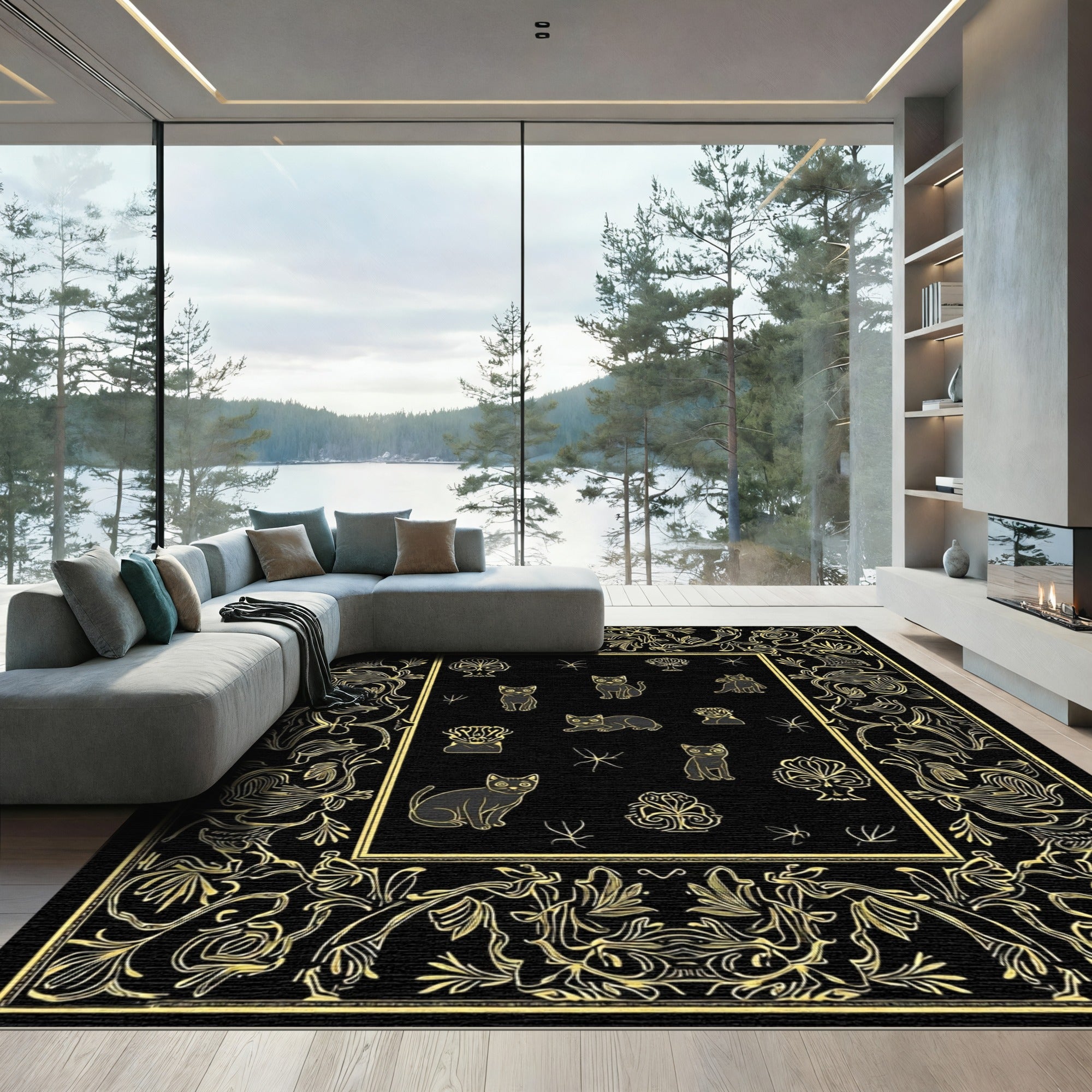 Black Gold Feline Floral Regal Frame Rug