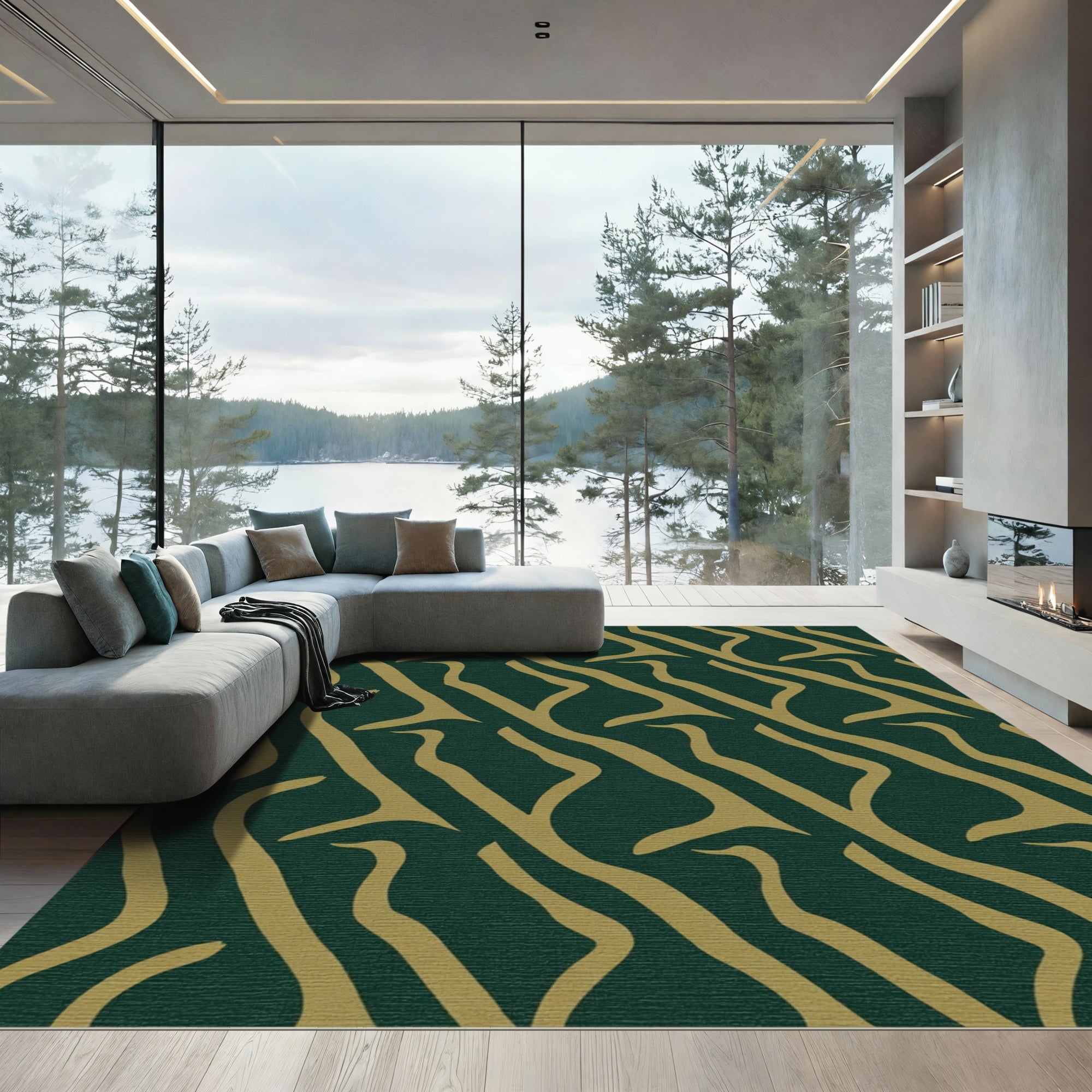 Golden Wavy Strokes Emerald Rug