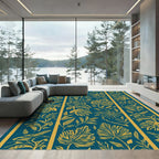 Teal Golden Leaf Botanical Stripes Rug
