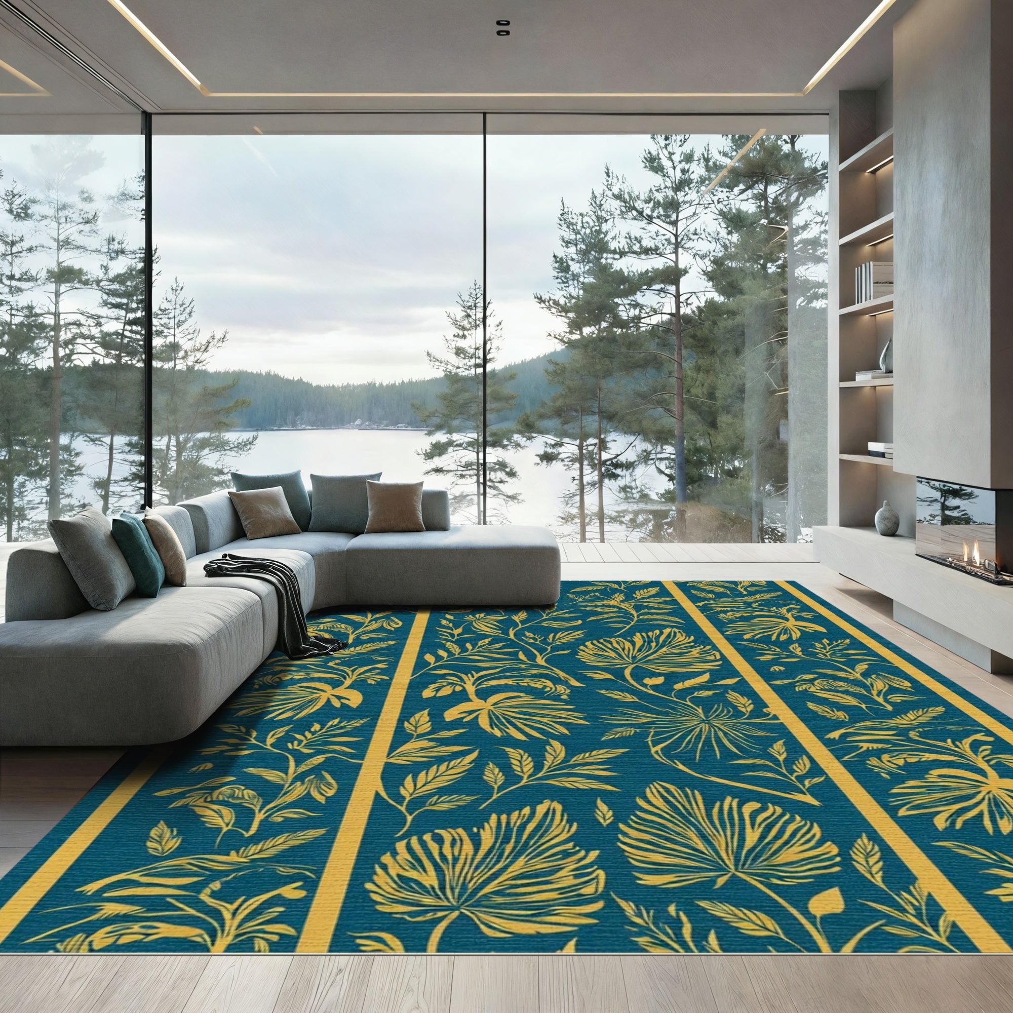 Teal Golden Leaf Botanical Stripes Rug