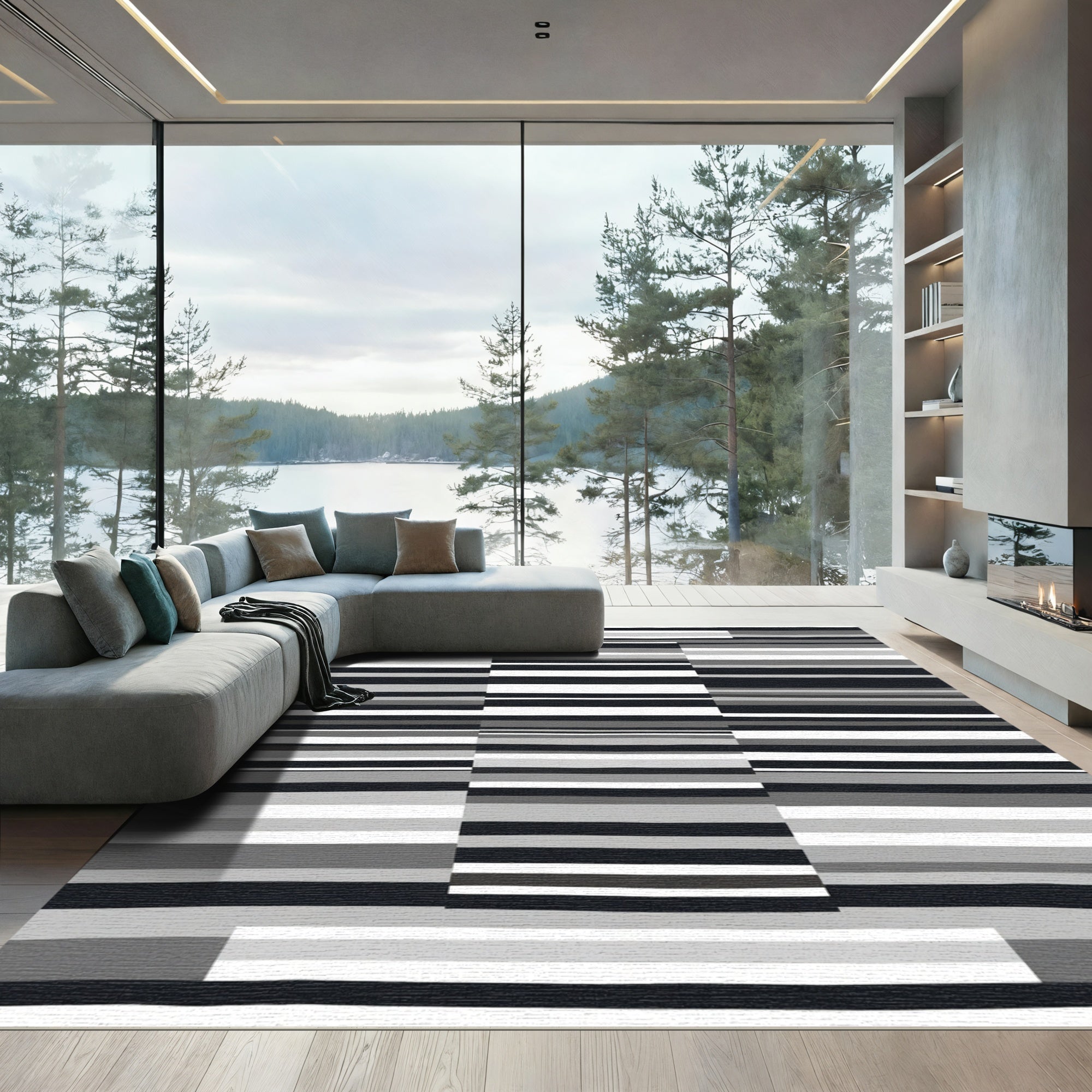 Monochromatic Striped Rectangular Block Rug