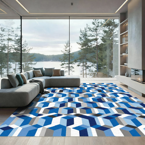Blue Gray Geometric Cubic Illusion Rug