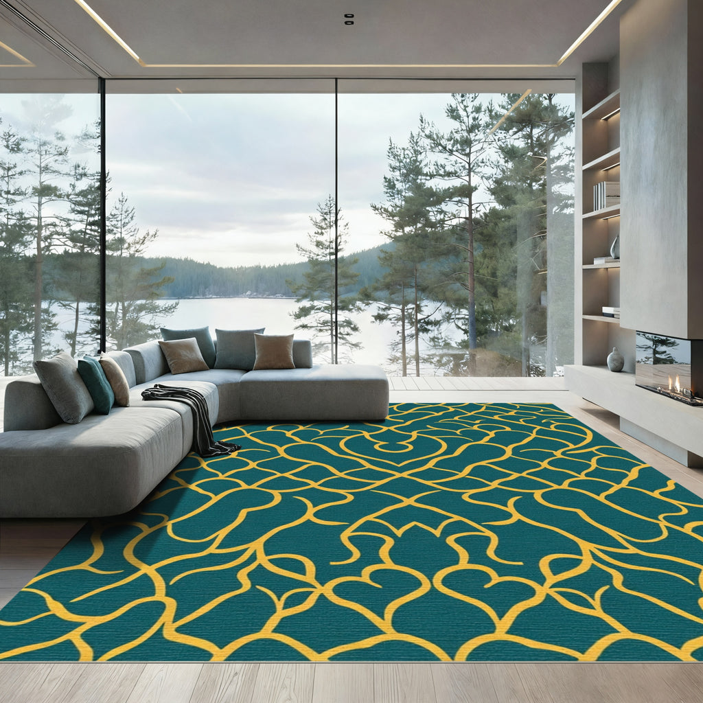 Teal Gold Organic Swirl Network Rug