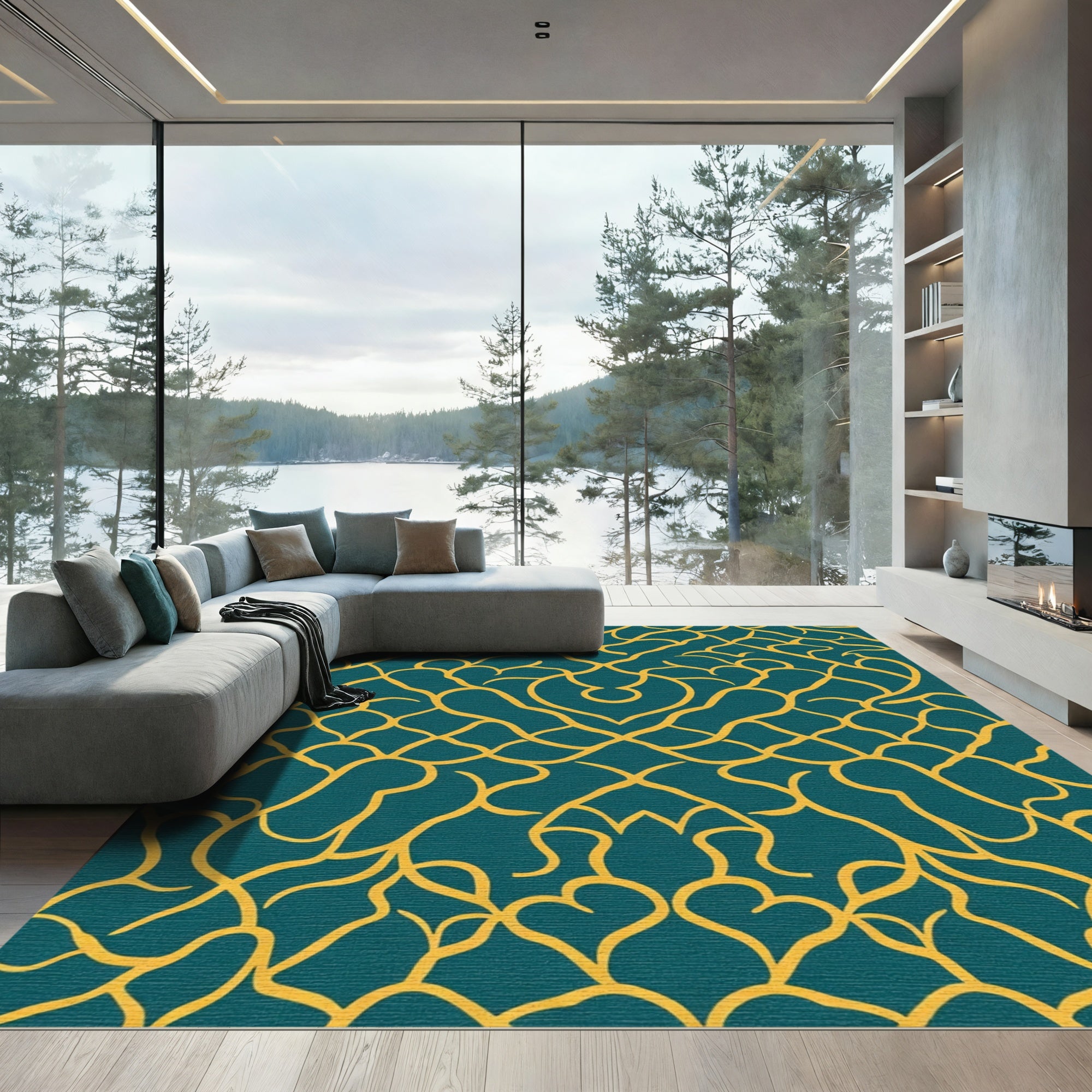 Teal Gold Organic Swirl Network Rug