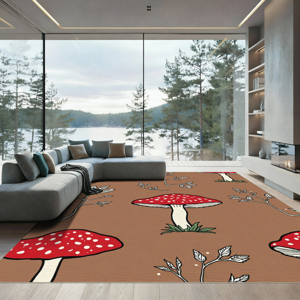 Red Amanita Mushroom Brown background Rug