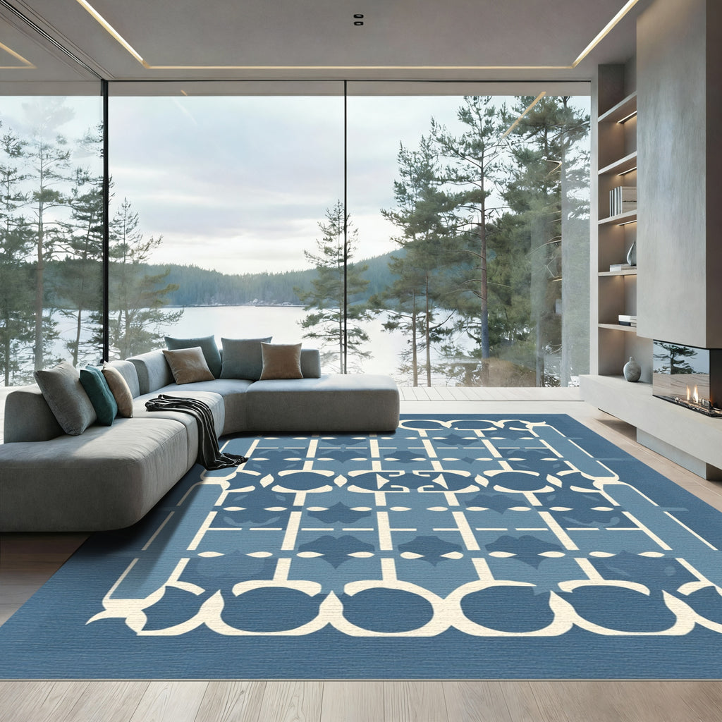 Blue Cream Geometric Lattice Rug