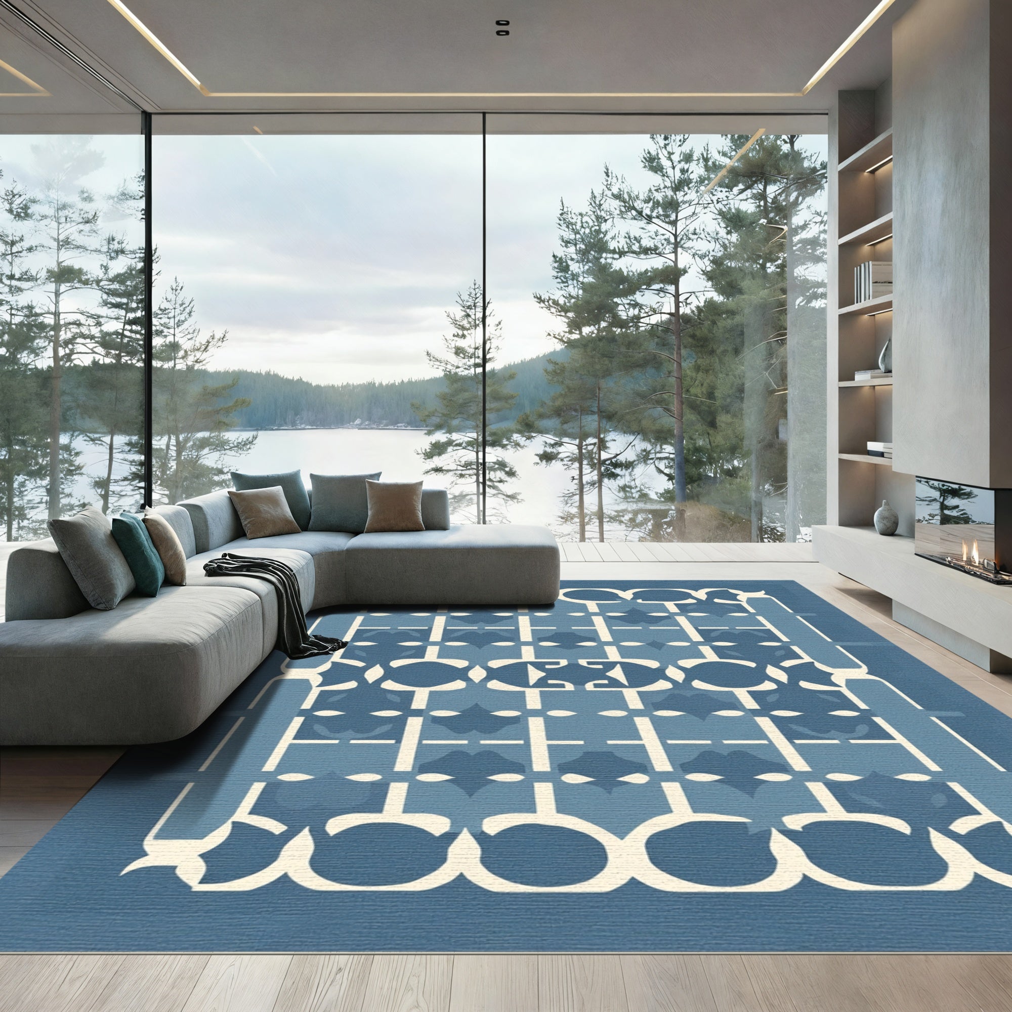 Blue Cream Geometric Lattice Rug