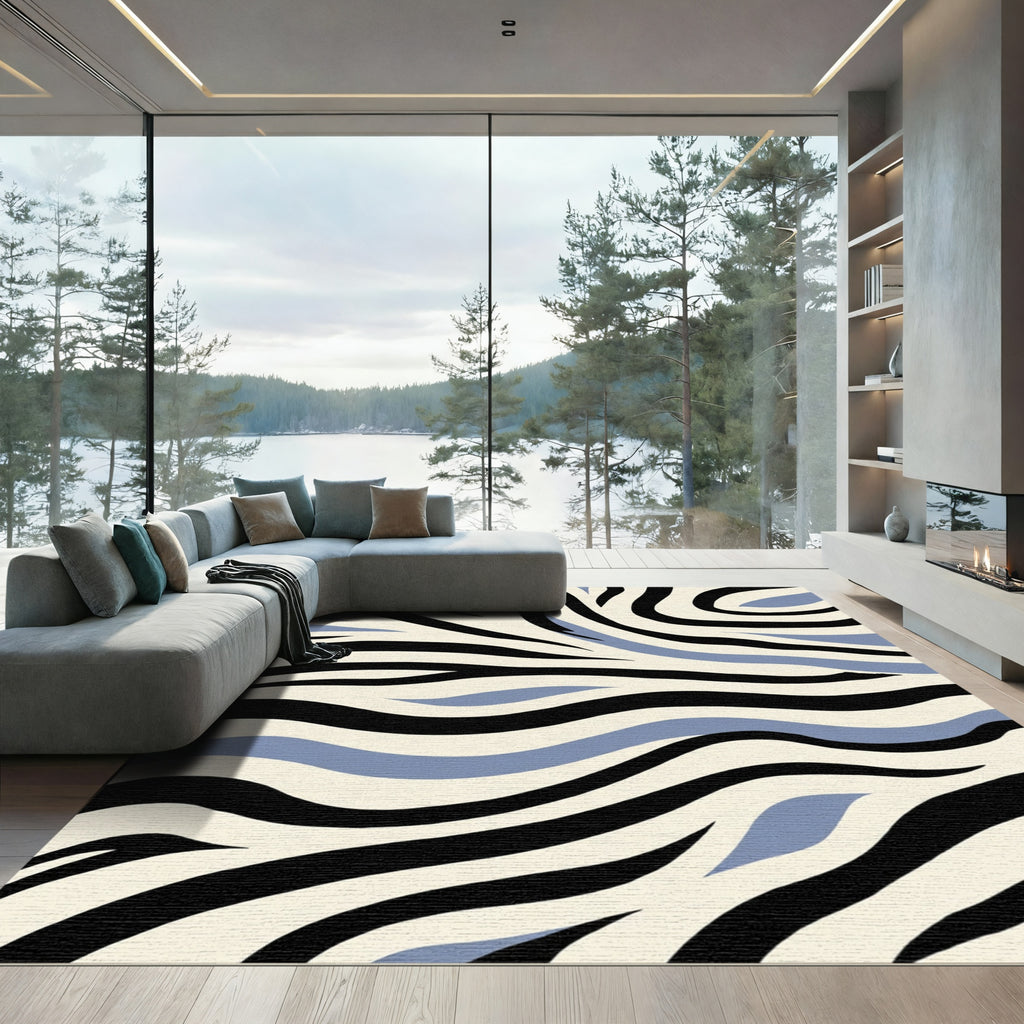 Bold Black Blue Cream Zebra Stripes Rug