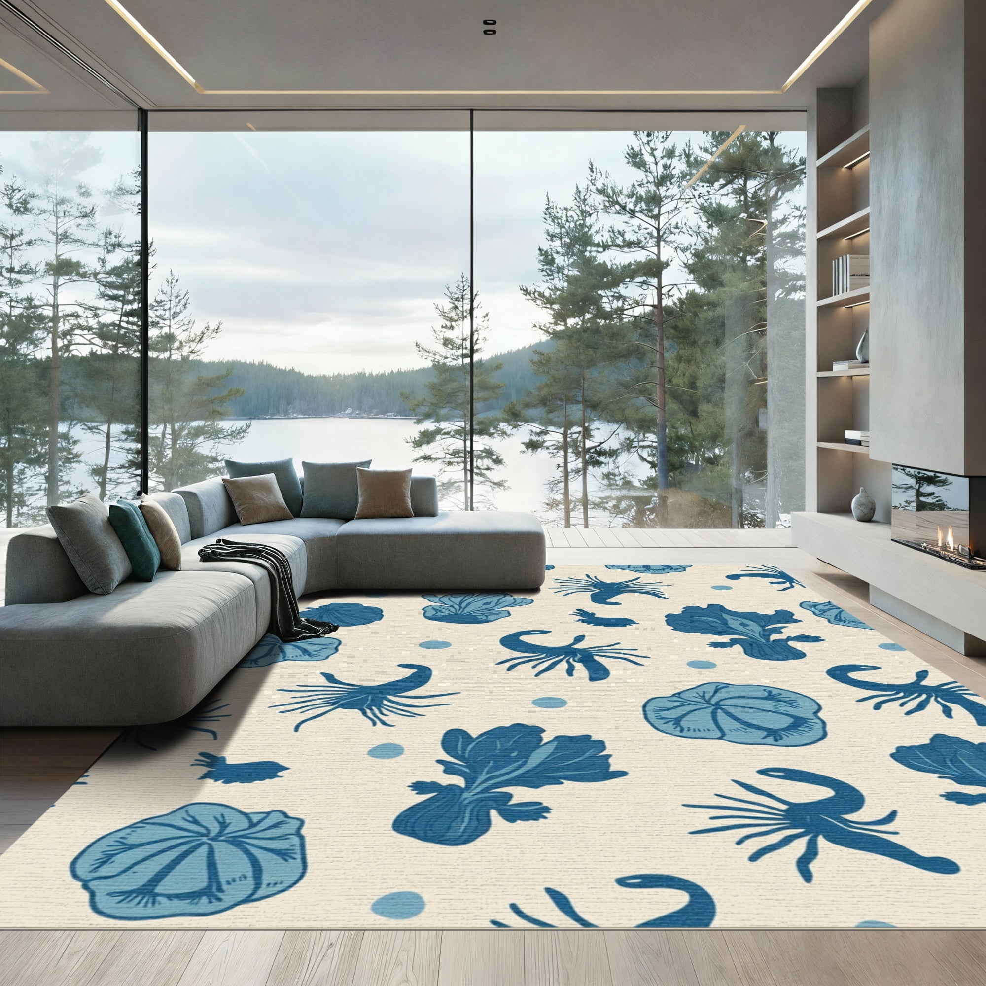 Deep Blue Botanical Sea Creature Rug