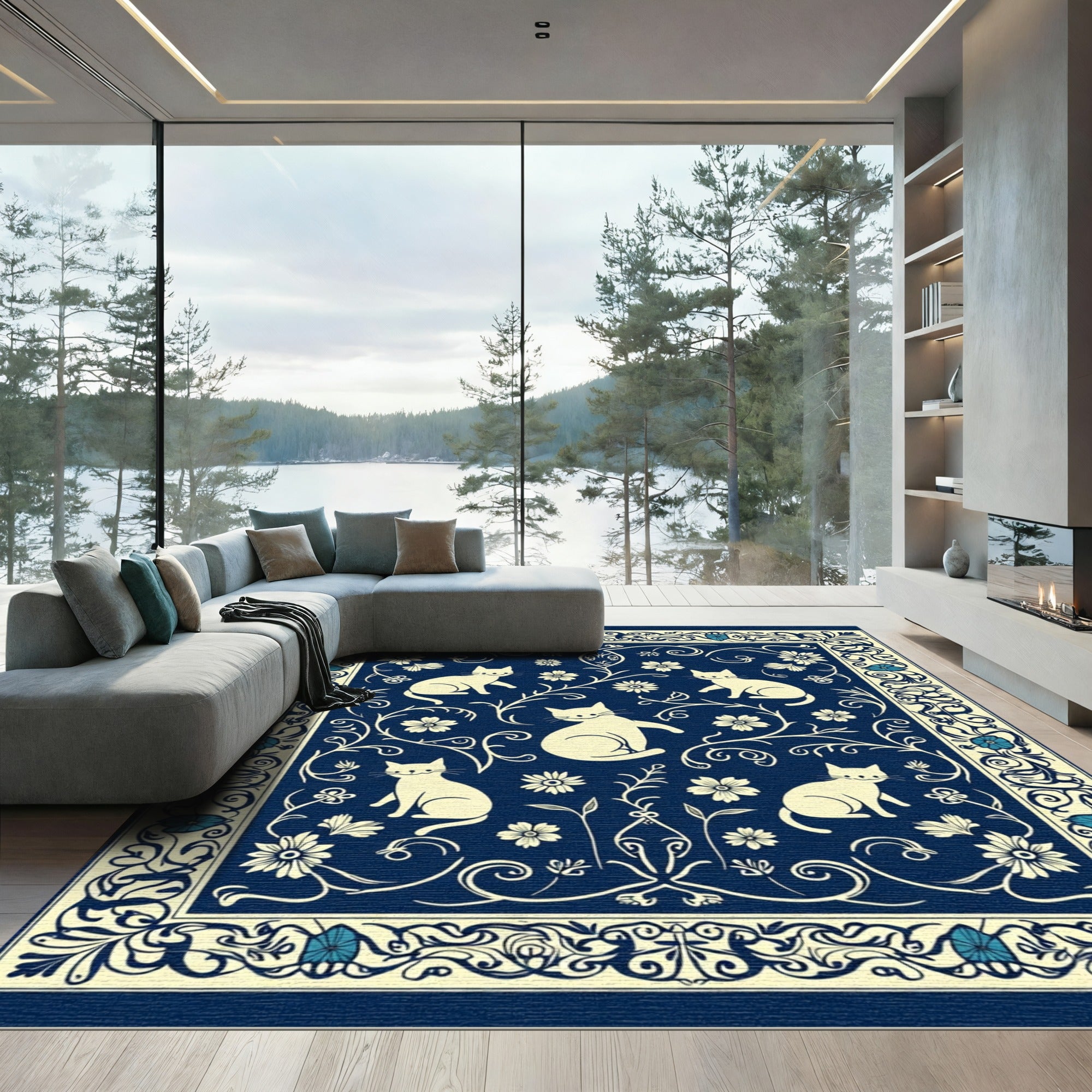 Indigo White Whimsical Cat Floral Border Rug