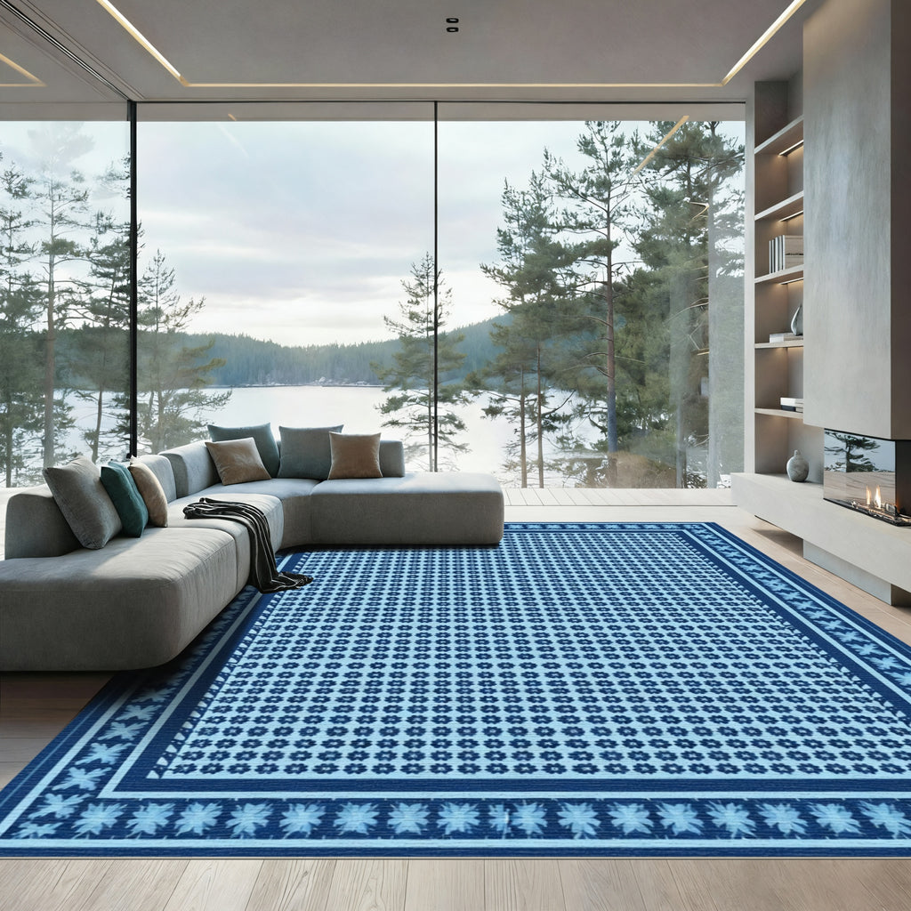 Deep Blue Botanical Medallion Border Rug