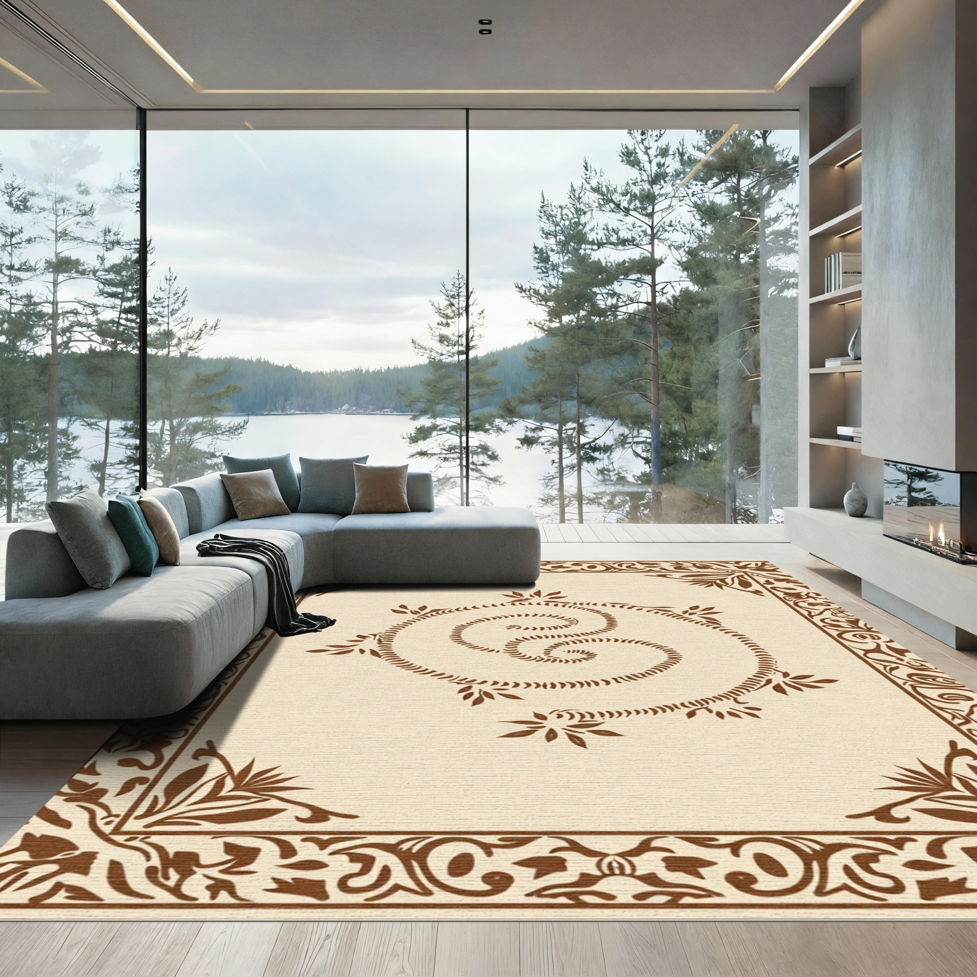 Brown Swirl Vine Border and Center Rug