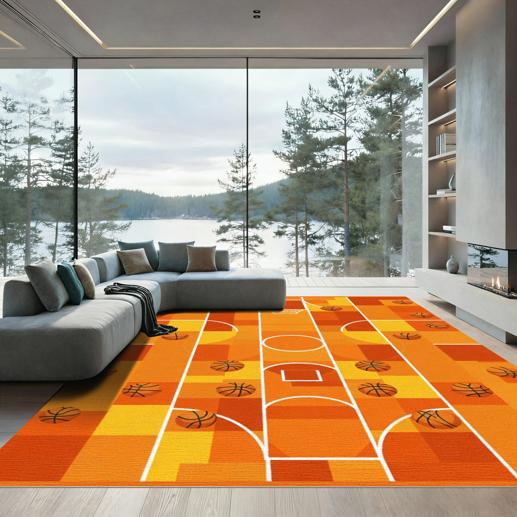 Orange Basketball Court Grid Rug