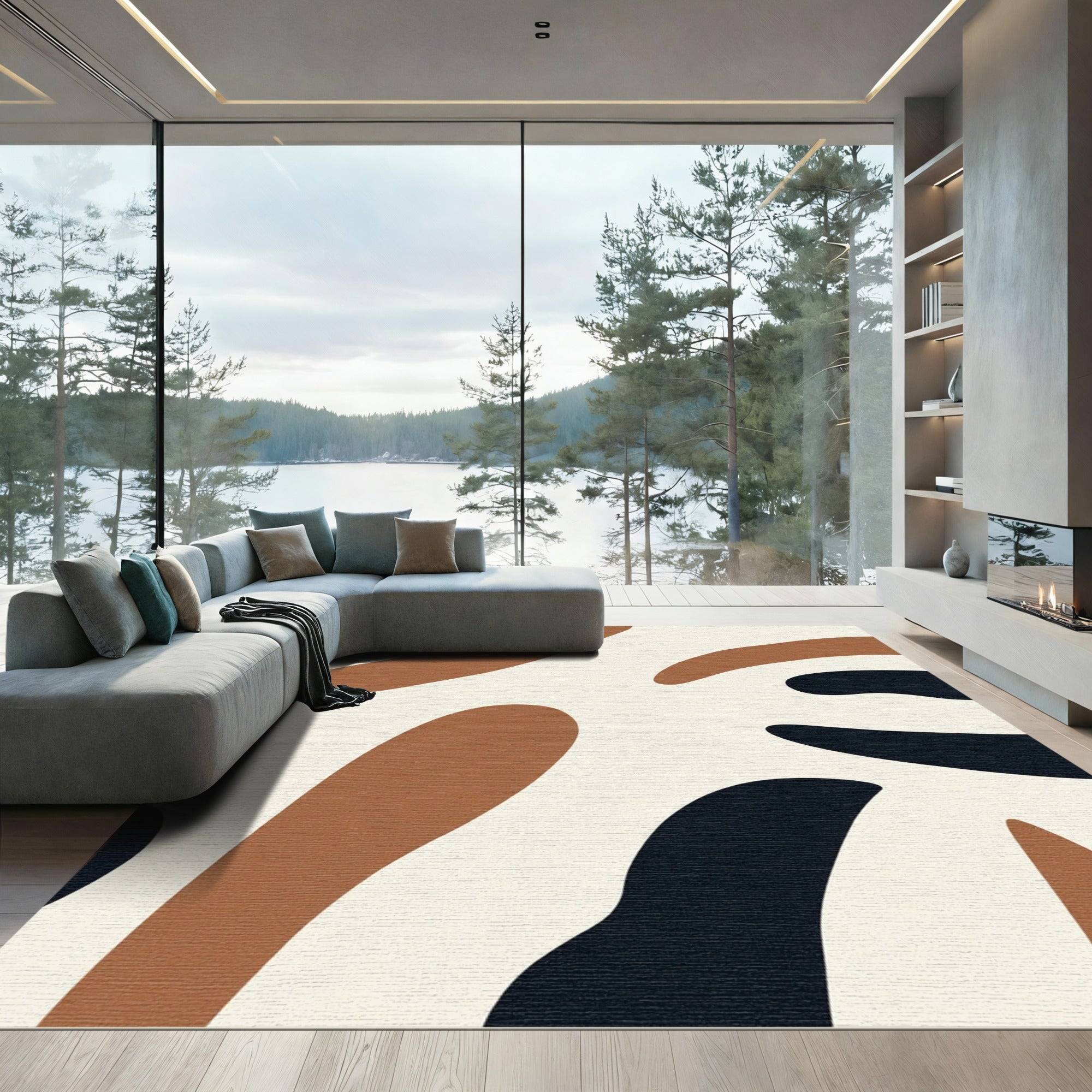 Organic Abstract Shapes Terra Cotta Blue Rug