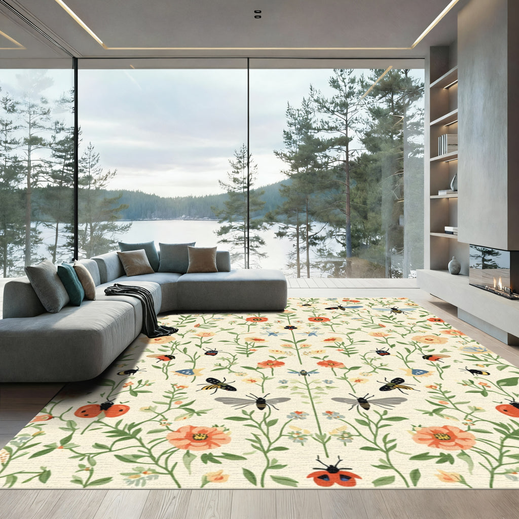 Vibrant Garden Insects Floral Garland Rug