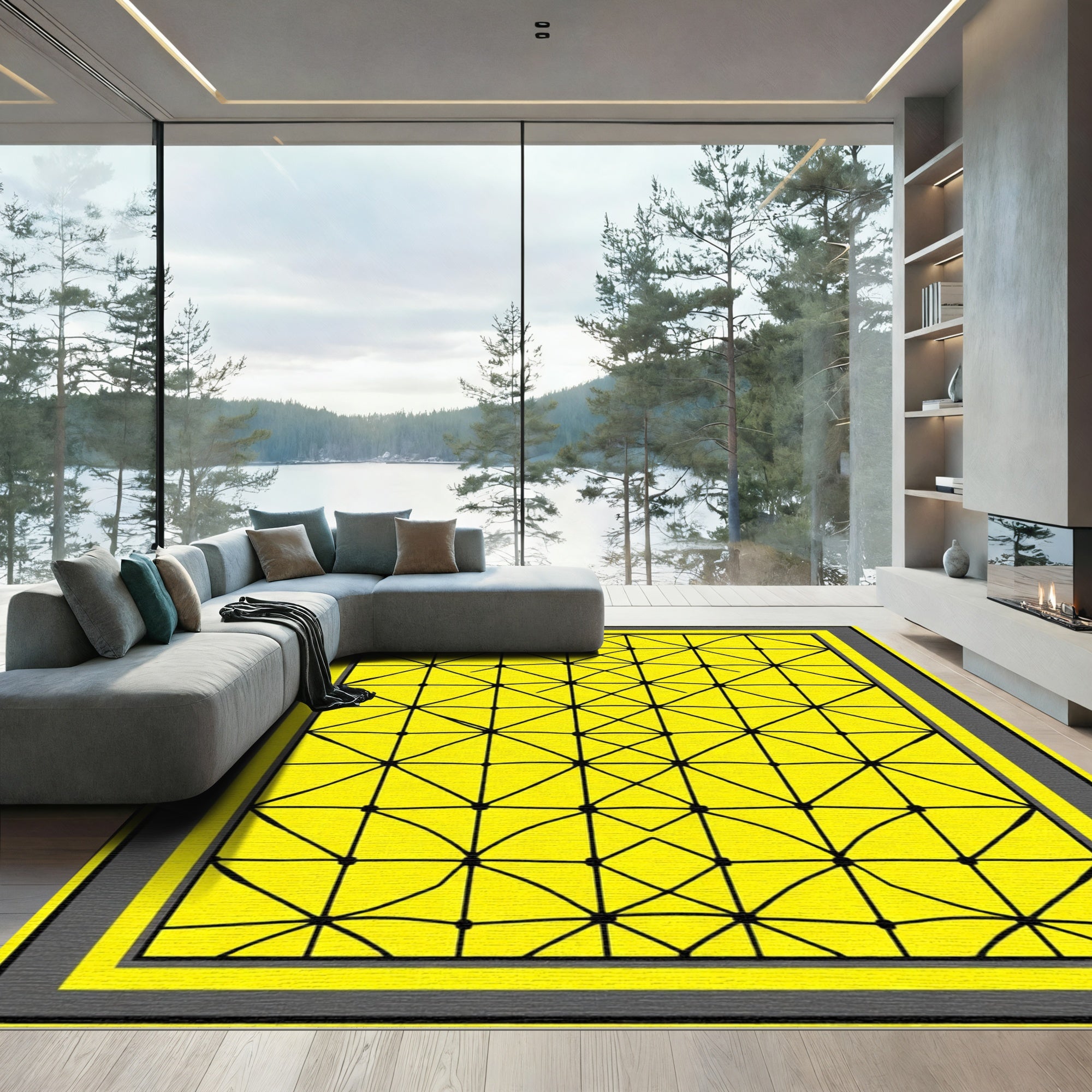 Bold Yellow Geometric Net Rug