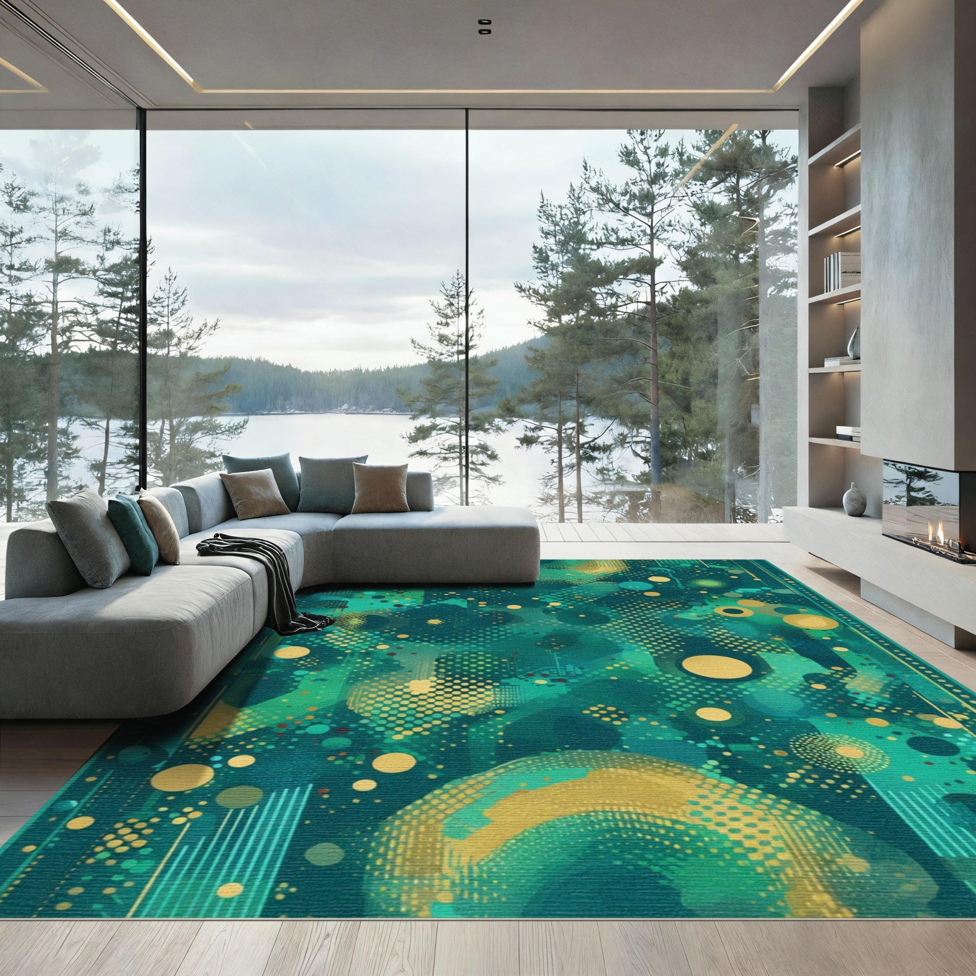 Emerald Gold Abstract Circles Rug