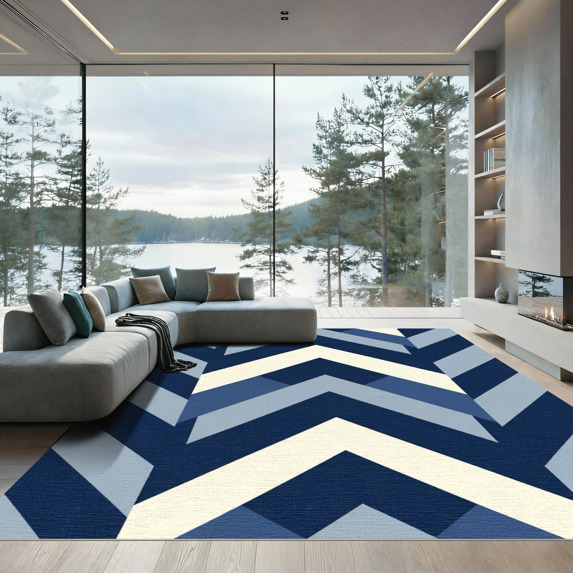 Naval Blue Geometric Chevron Rug