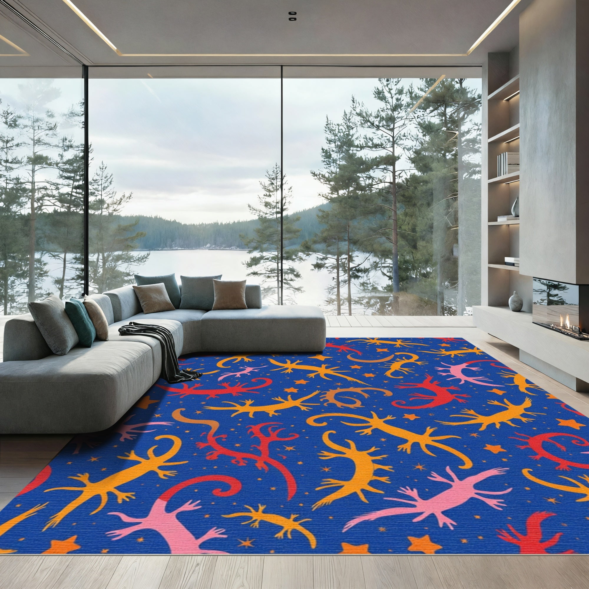 Whimsical Crimson Gold Lizard Galaxy Rug