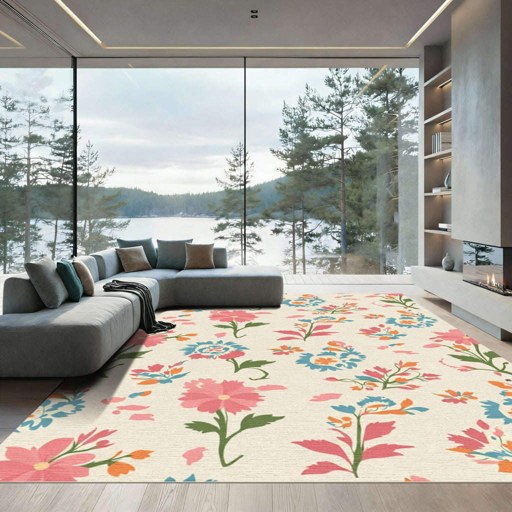 Coral Pink Blue Floral Garden Rug