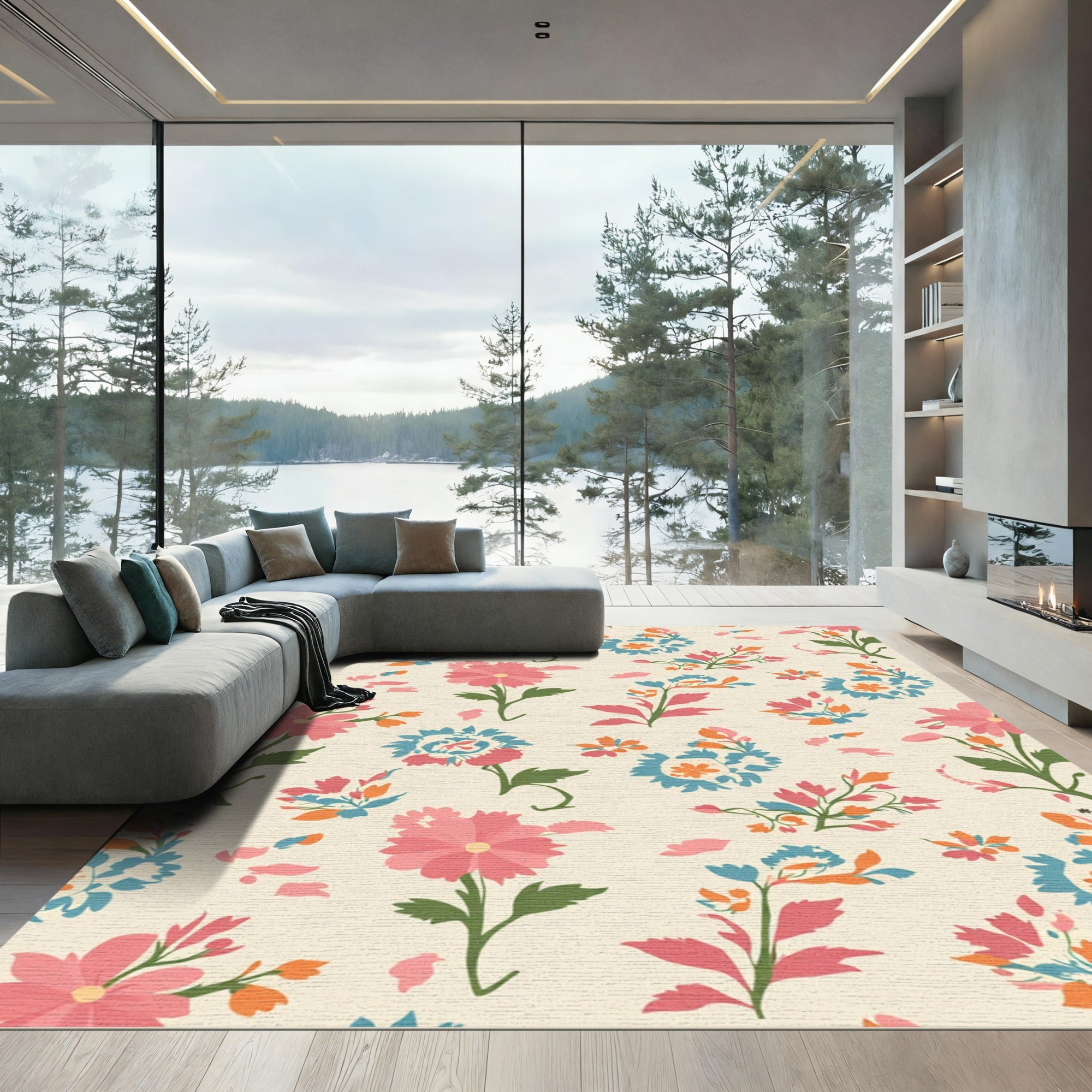 Coral Pink Blue Floral Garden Rug