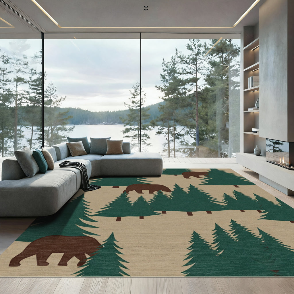 Brown Bear Woodland Forest Scene Rug