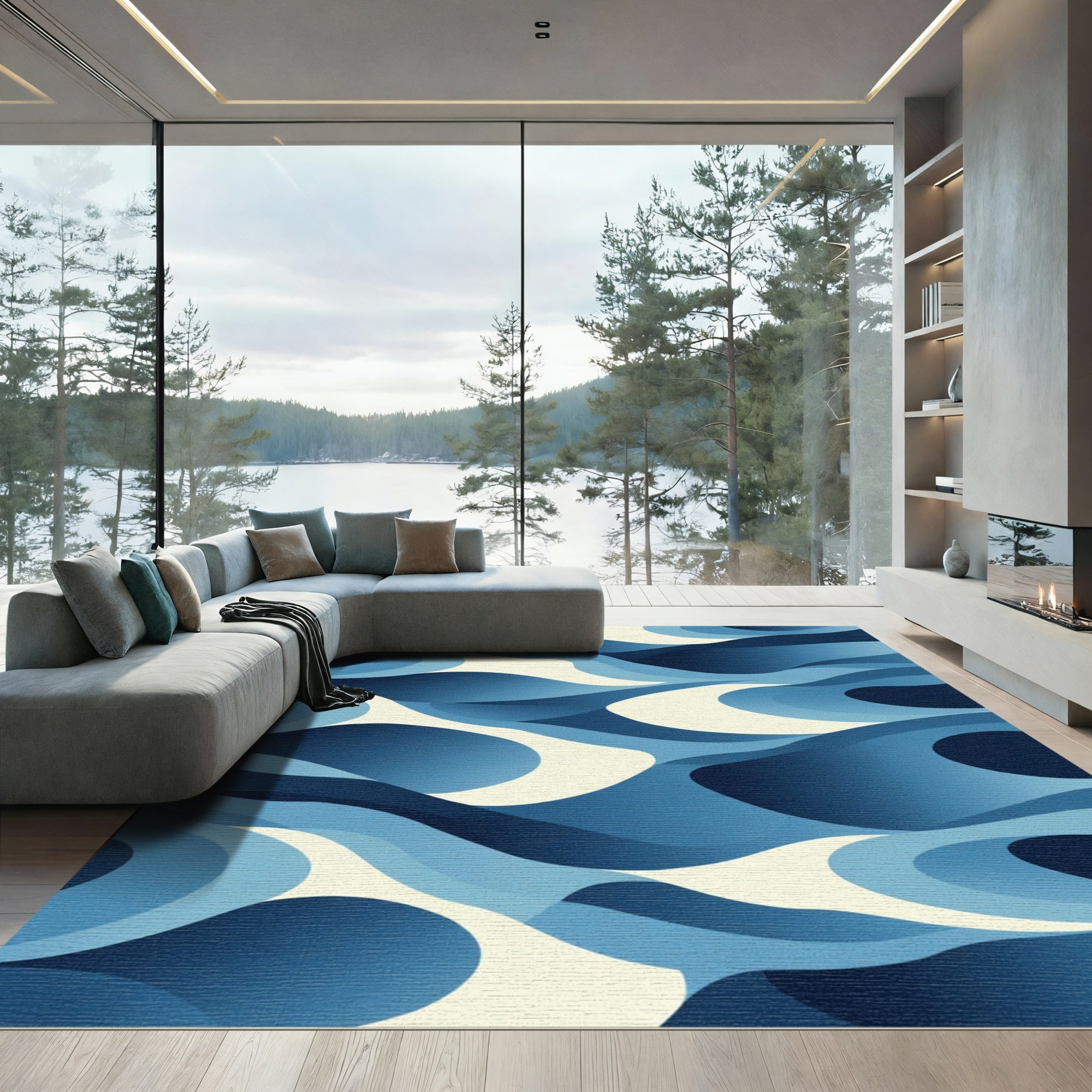 Deep Blue Abstract Swirl Rug