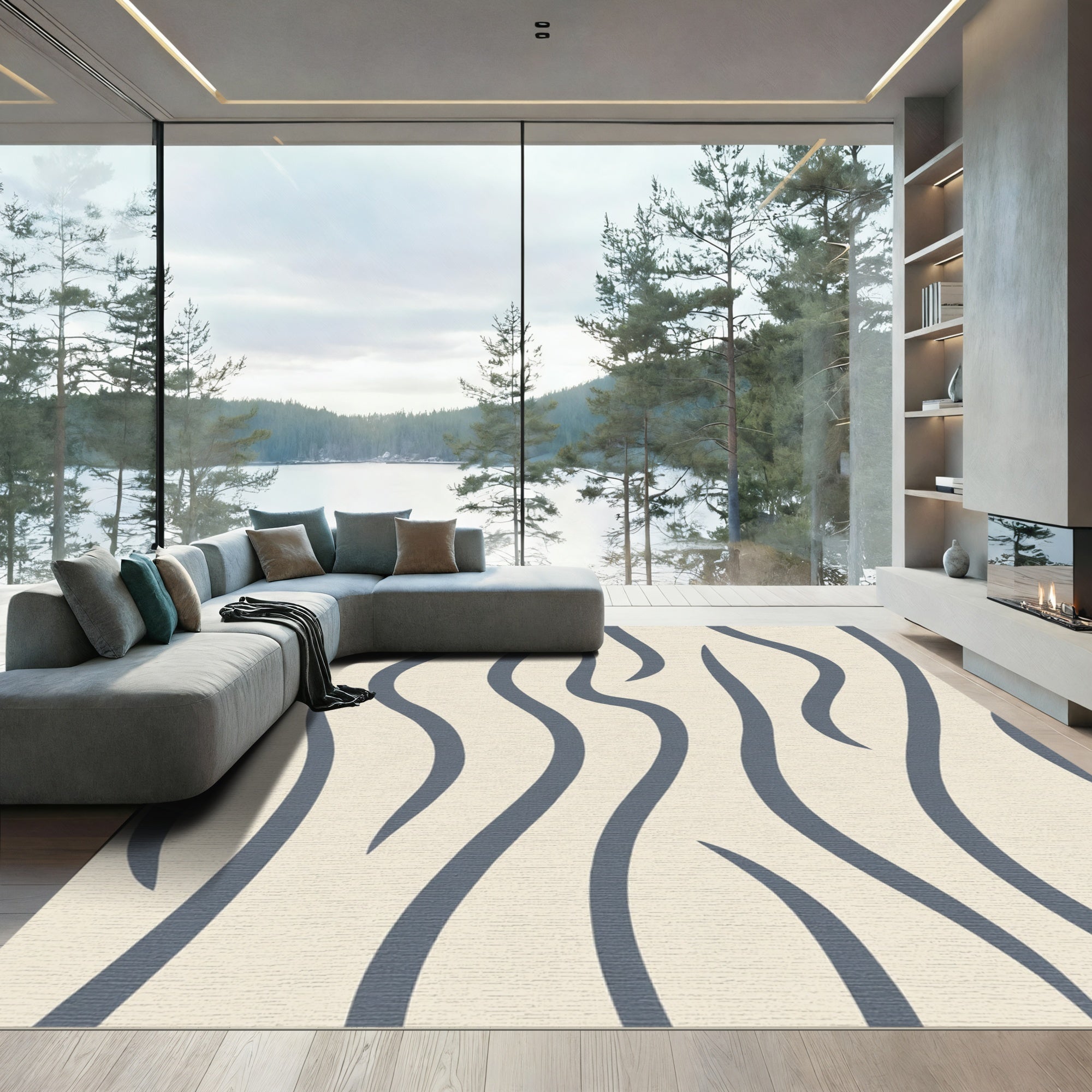 Cream Blue Wavy Stripe Composition Rug