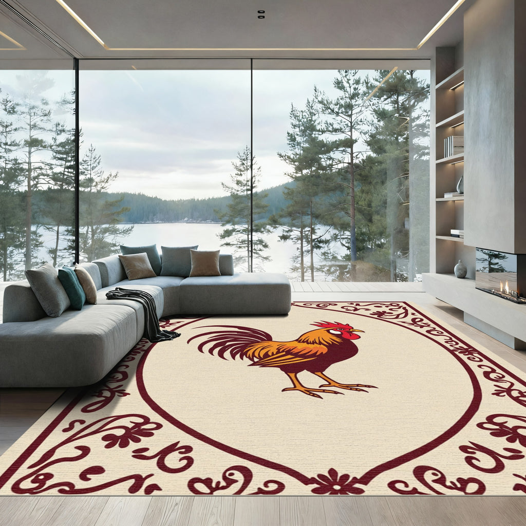 Maroon Floral Rooster Frame Rug