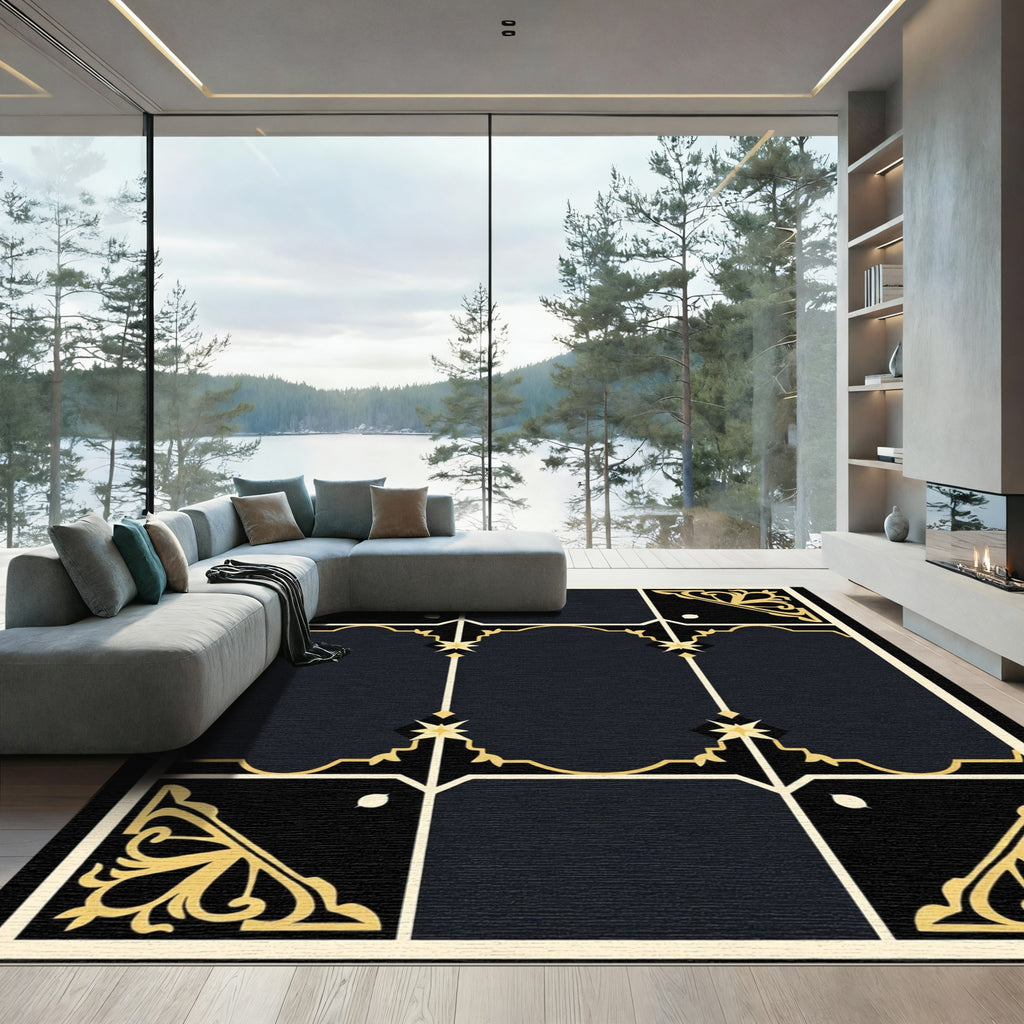 Ornate Black and Gold Arabesque Rug