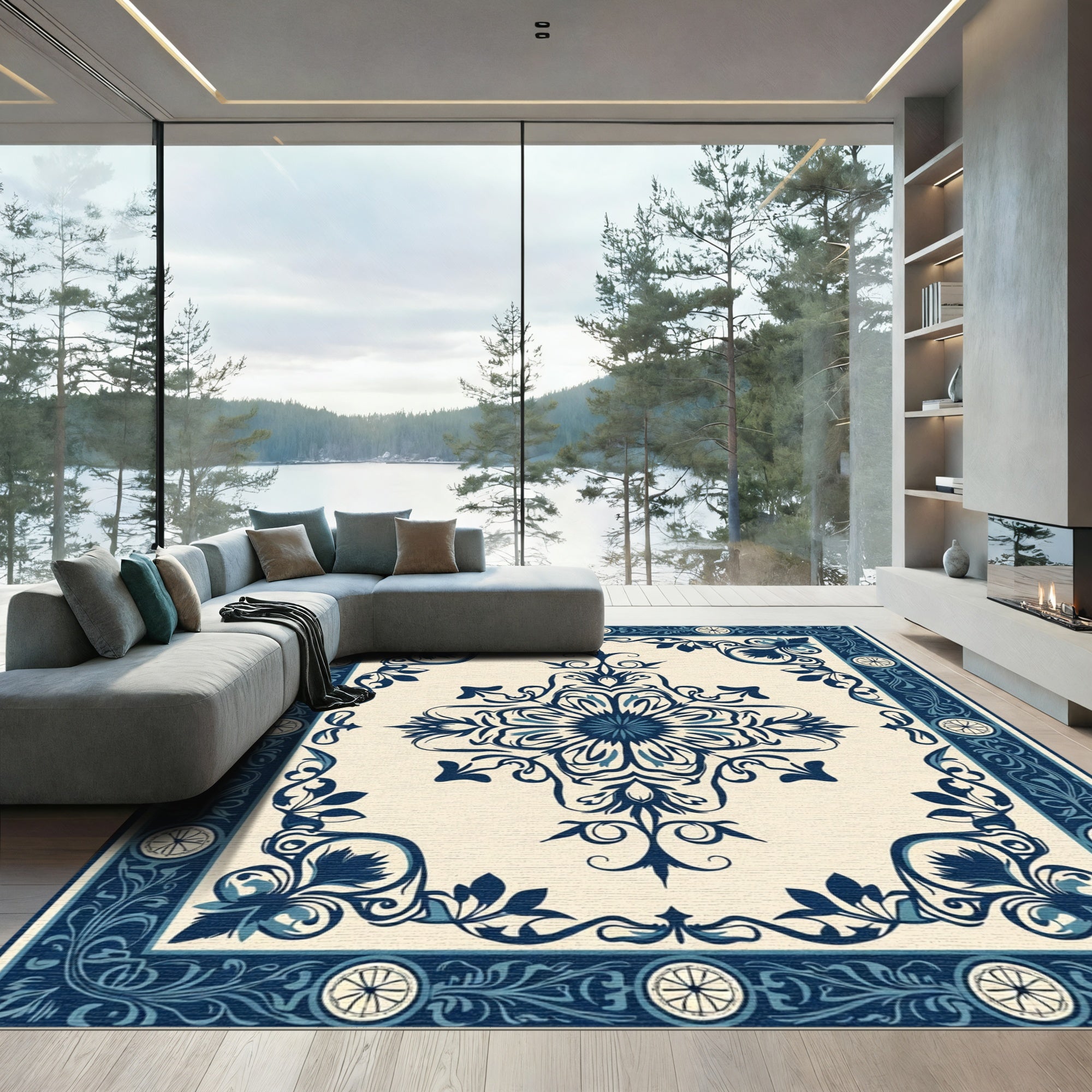 Navy Blue Floral Medallion Border Rug