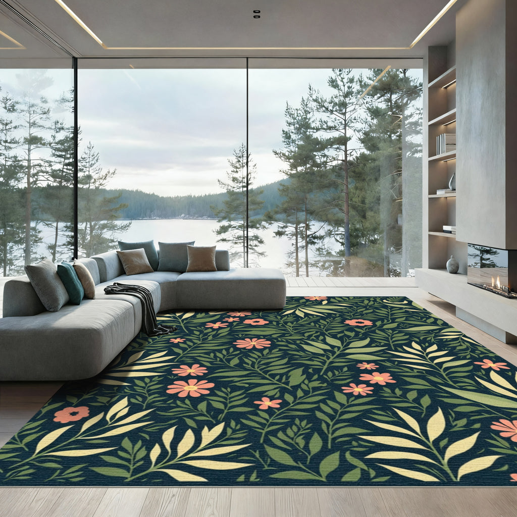 Deep Navy Coral Floral Botanical Rug