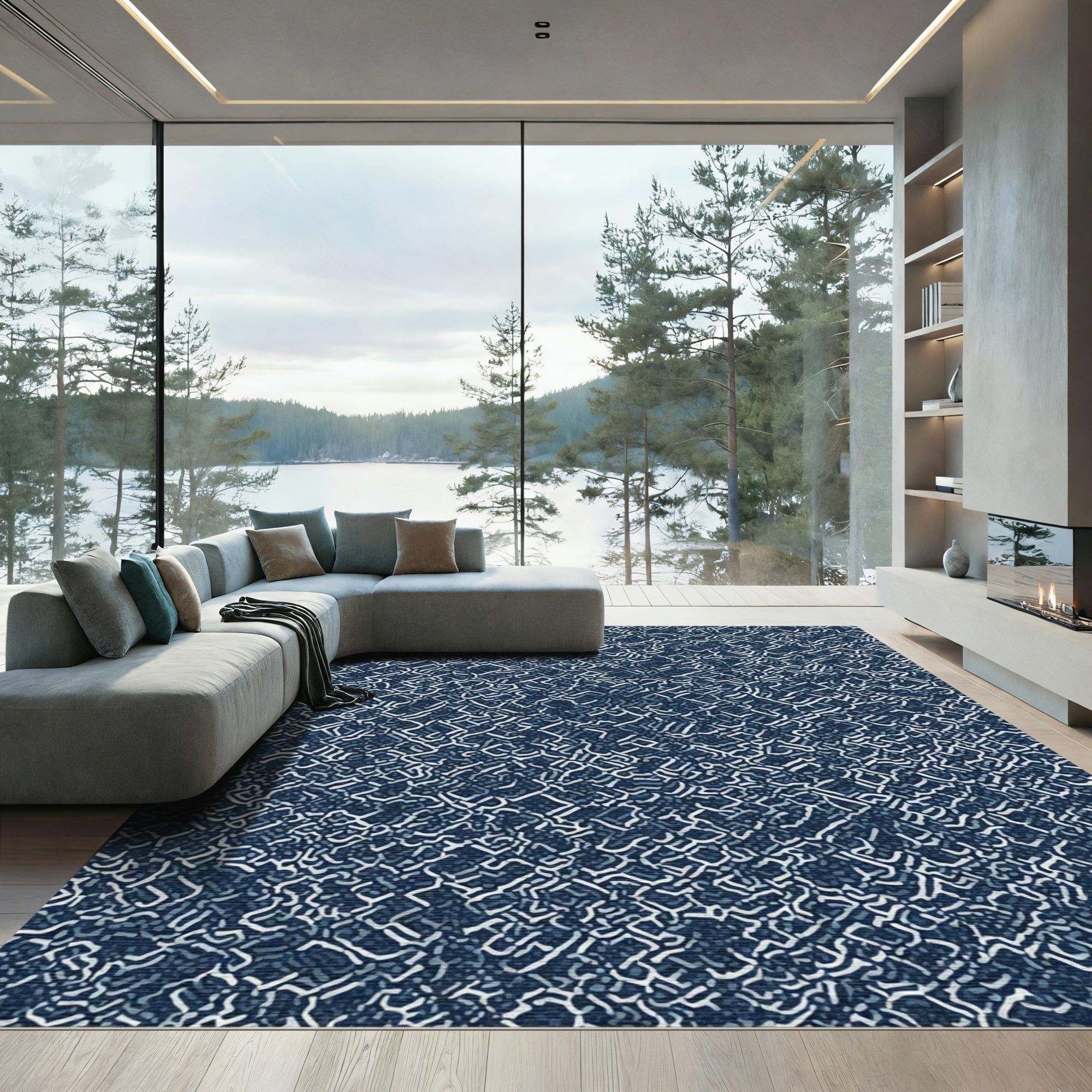 Deep Blue White Intersecting Lines Rug