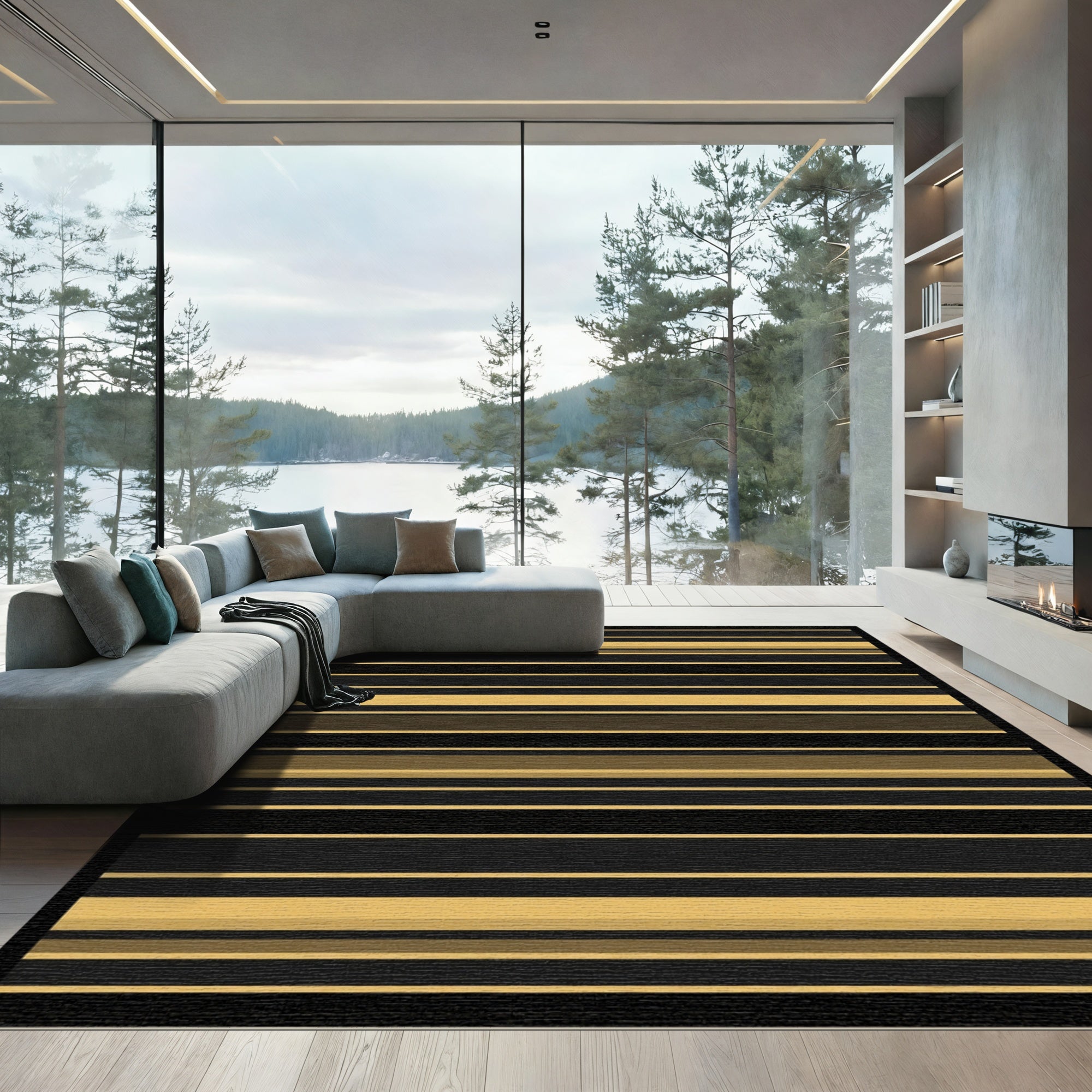 Golden Black Contemporary Stripe Rug