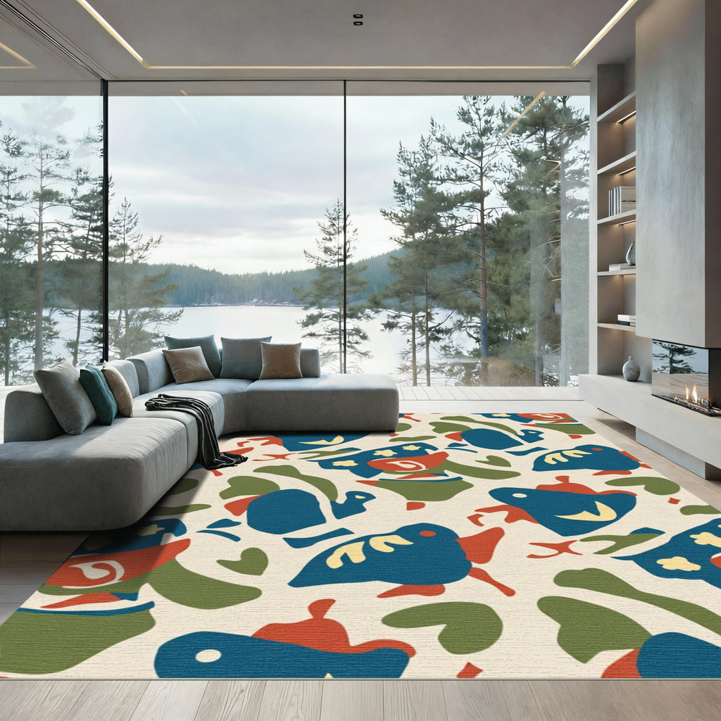 Abstract Blue Bird Coral Green Forms Rug