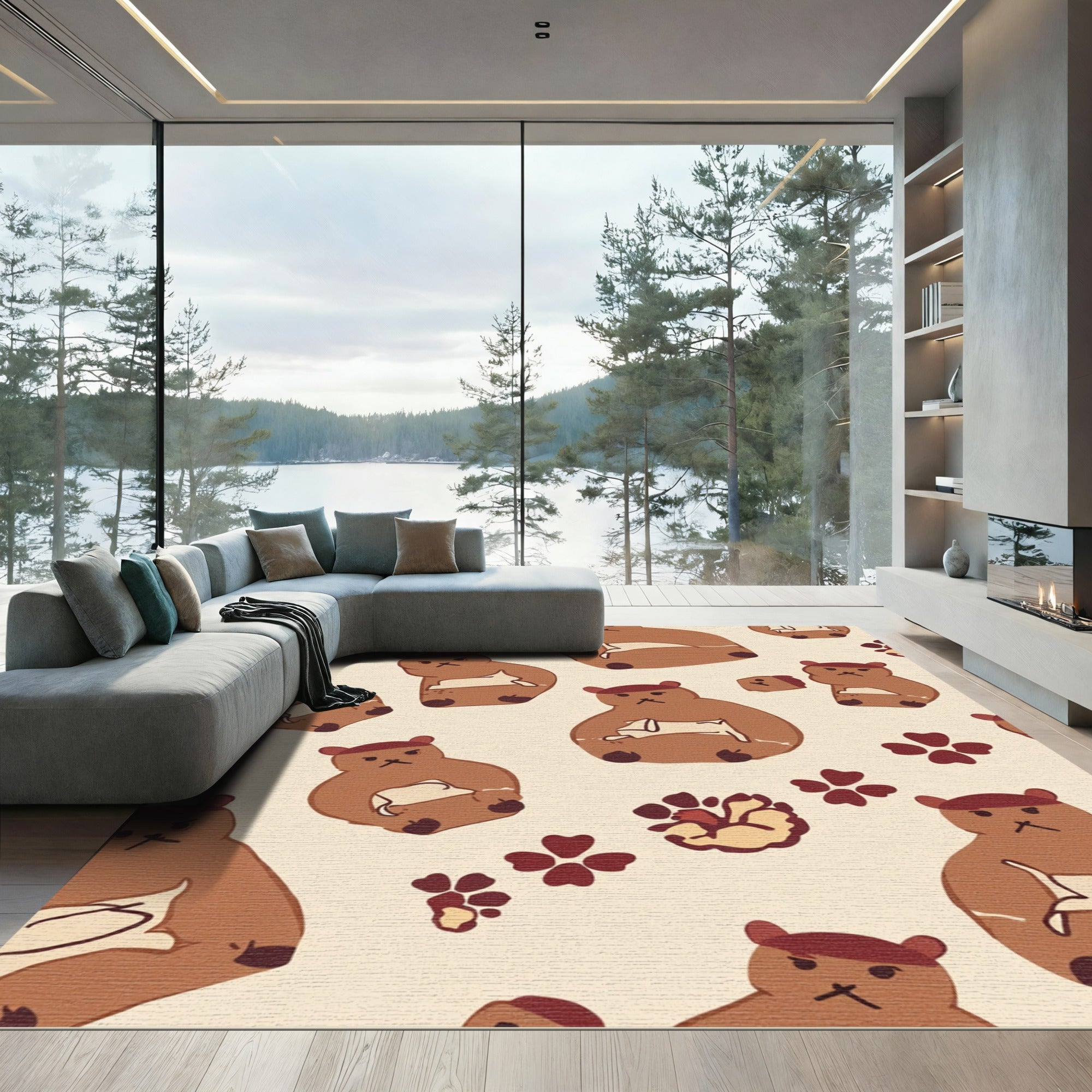 Brown Bear Floral Pattern In Cream Rug