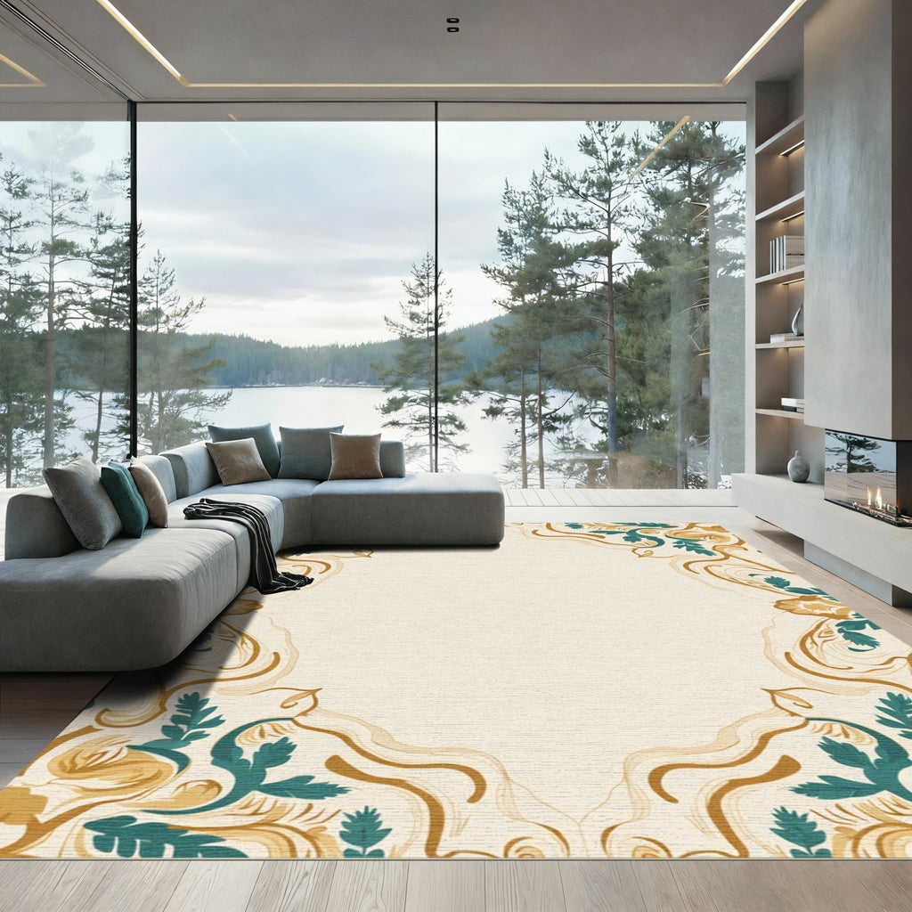 Golden Teal Floral Swirl Medallion Rug