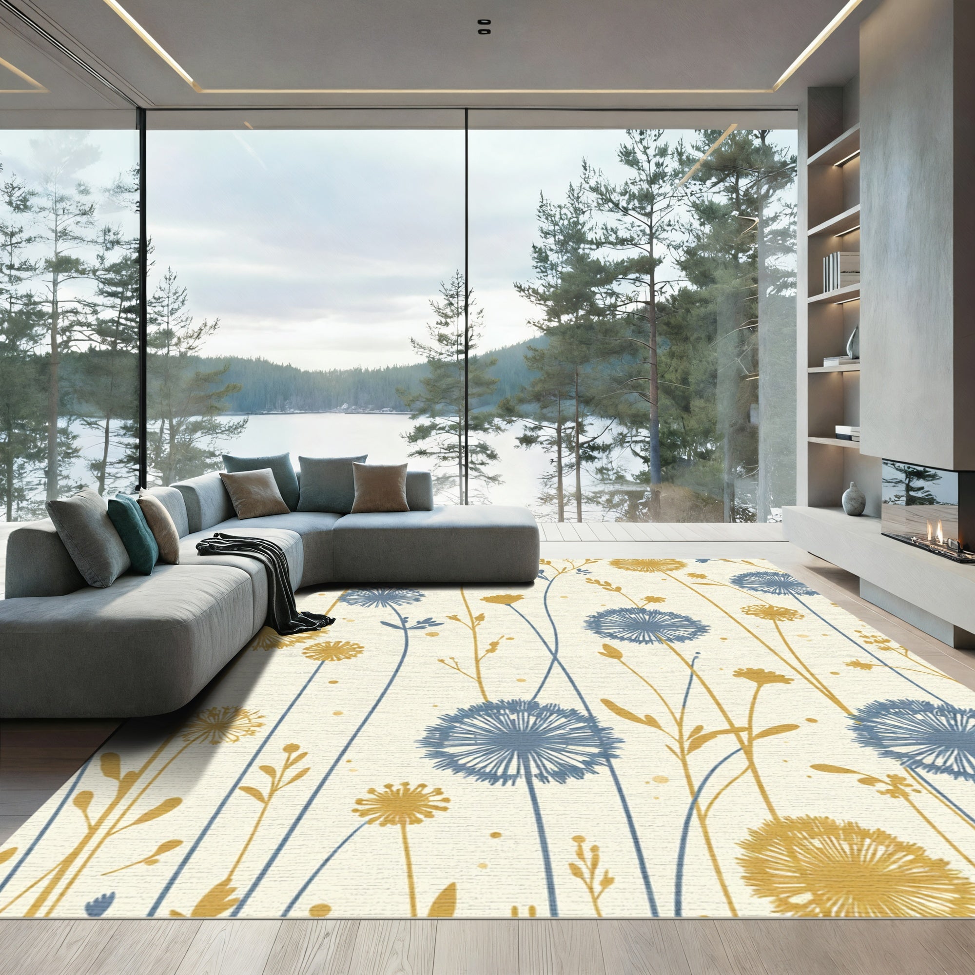 Golden Blue Dandelion Field Rug