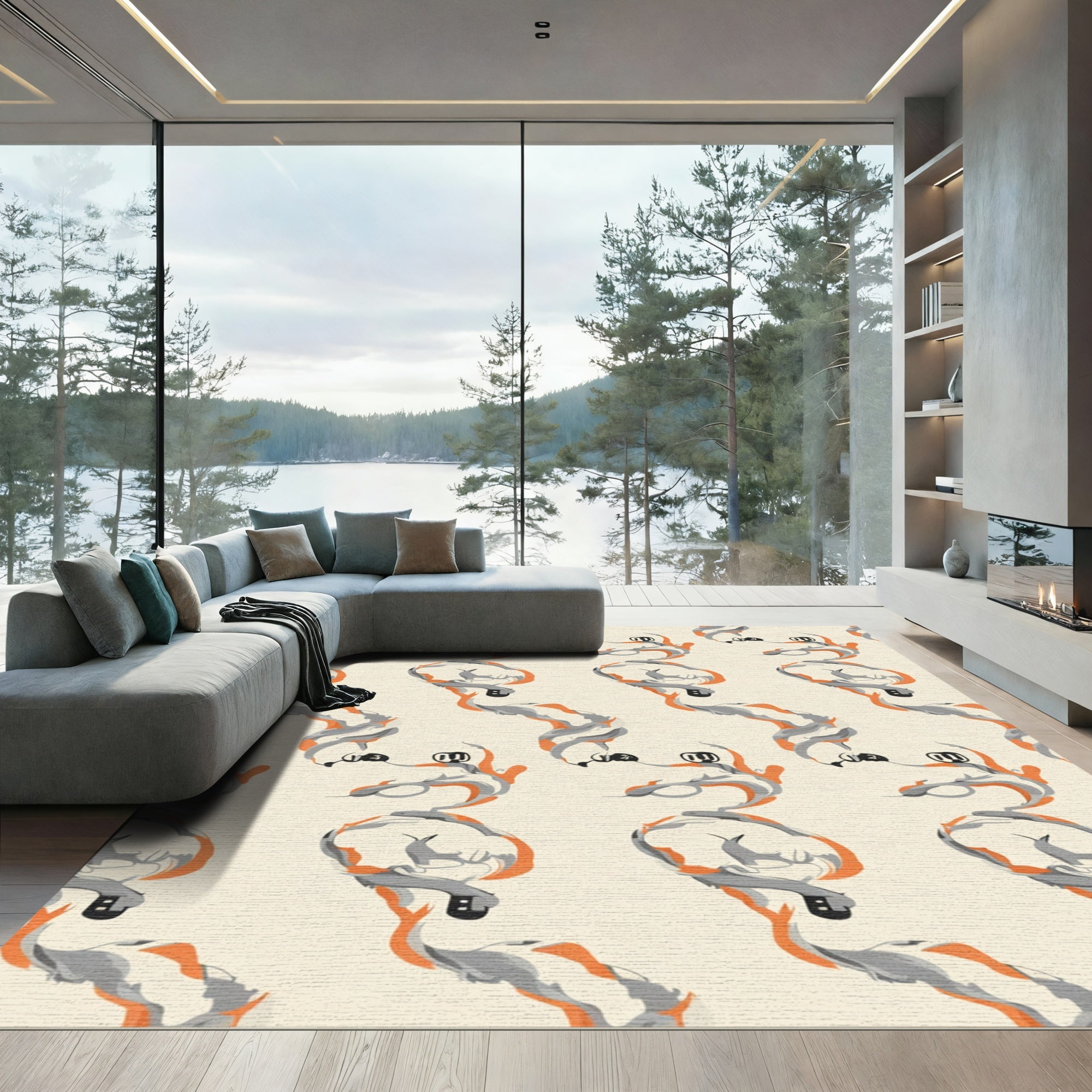 Warm Orange Gray Swirls Organic Forms Rug