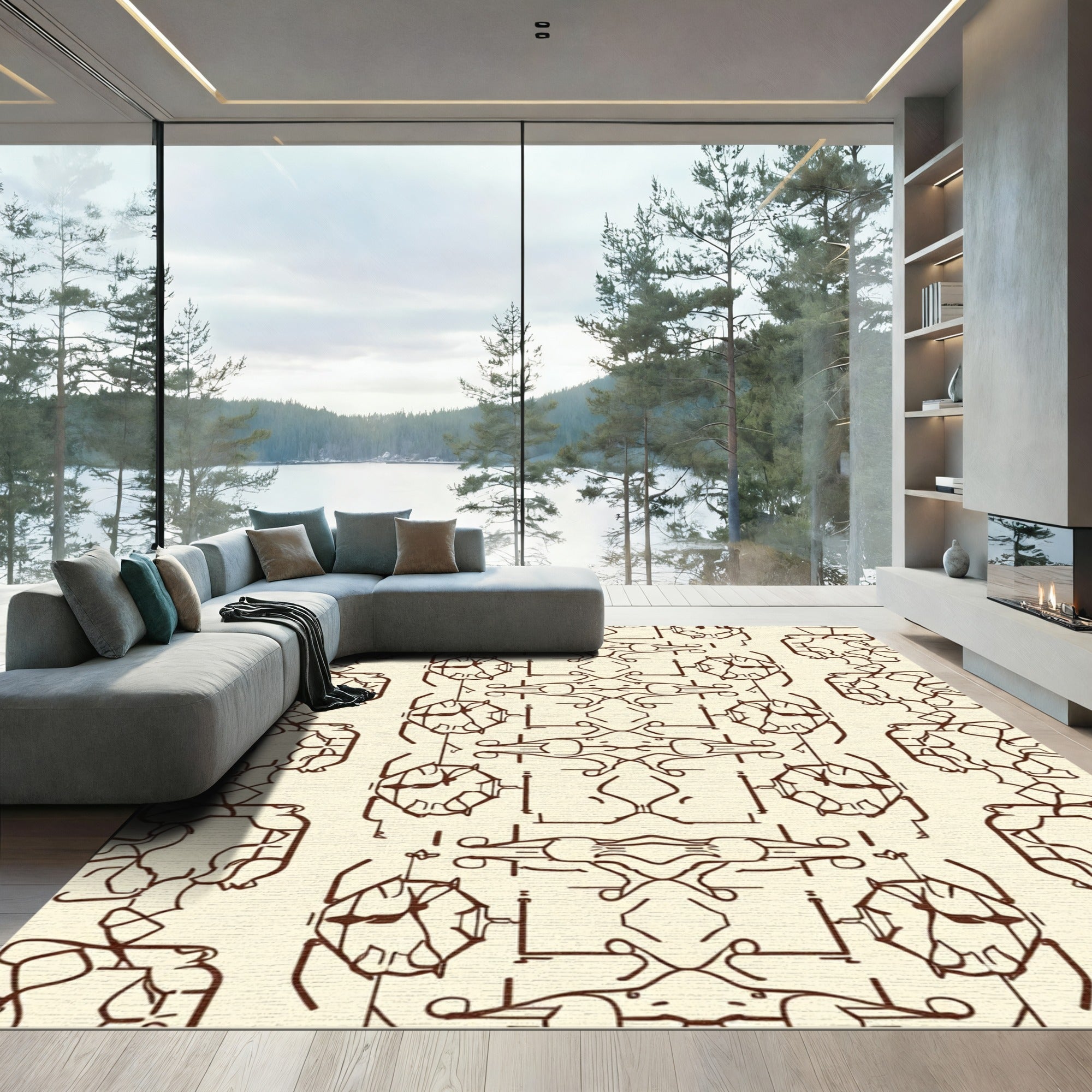 Brown Abstract Linear Organic Grid Rug