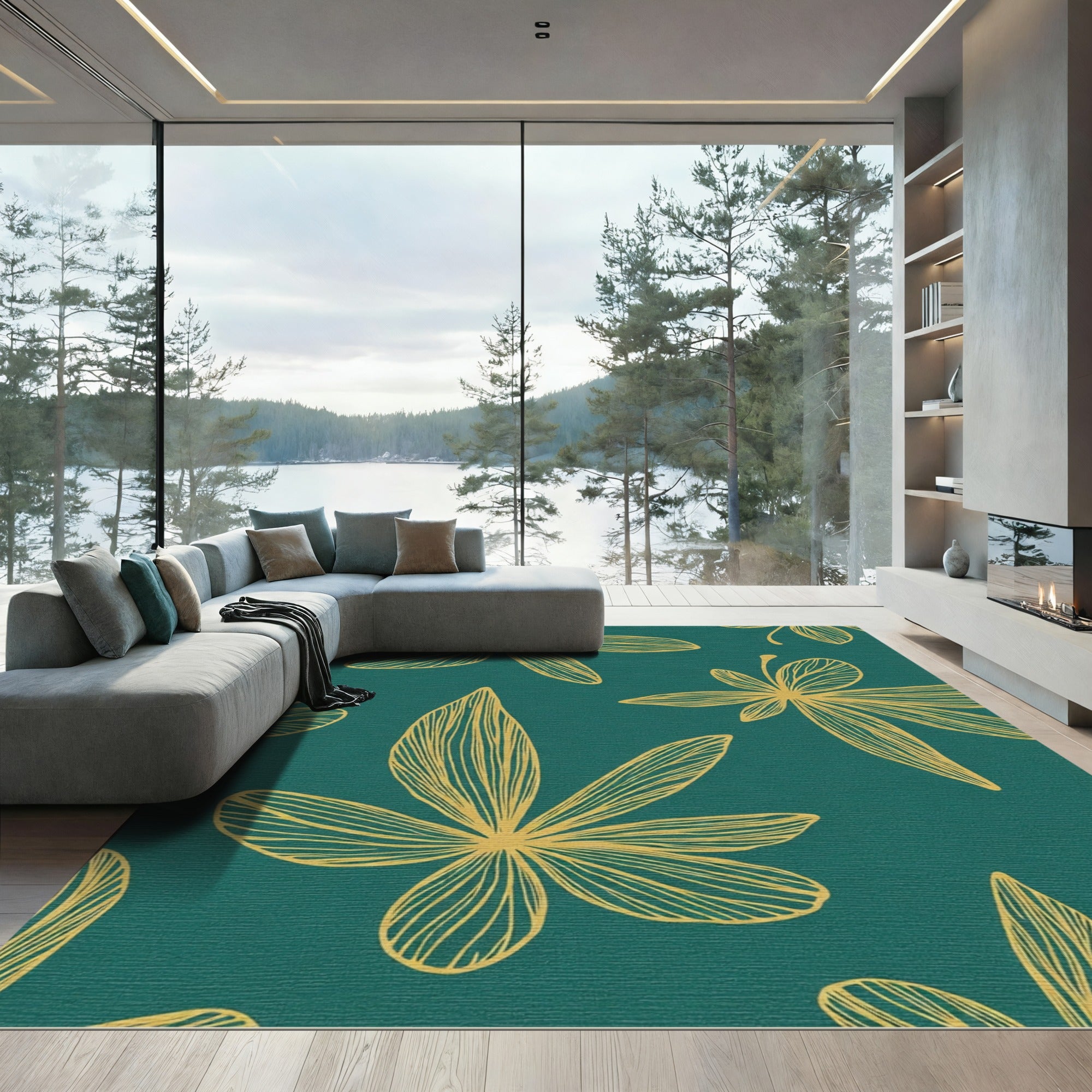 Golden Outline Leaf Teal Background Rug