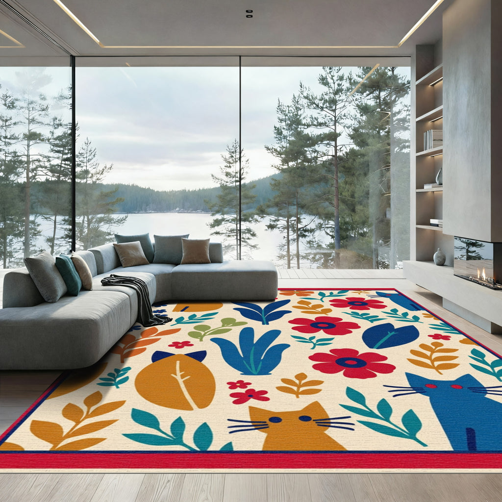 Whimsical Orange Blue Cat Floral Ivory Rug