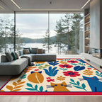 Whimsical Orange Blue Cat Floral Ivory Rug