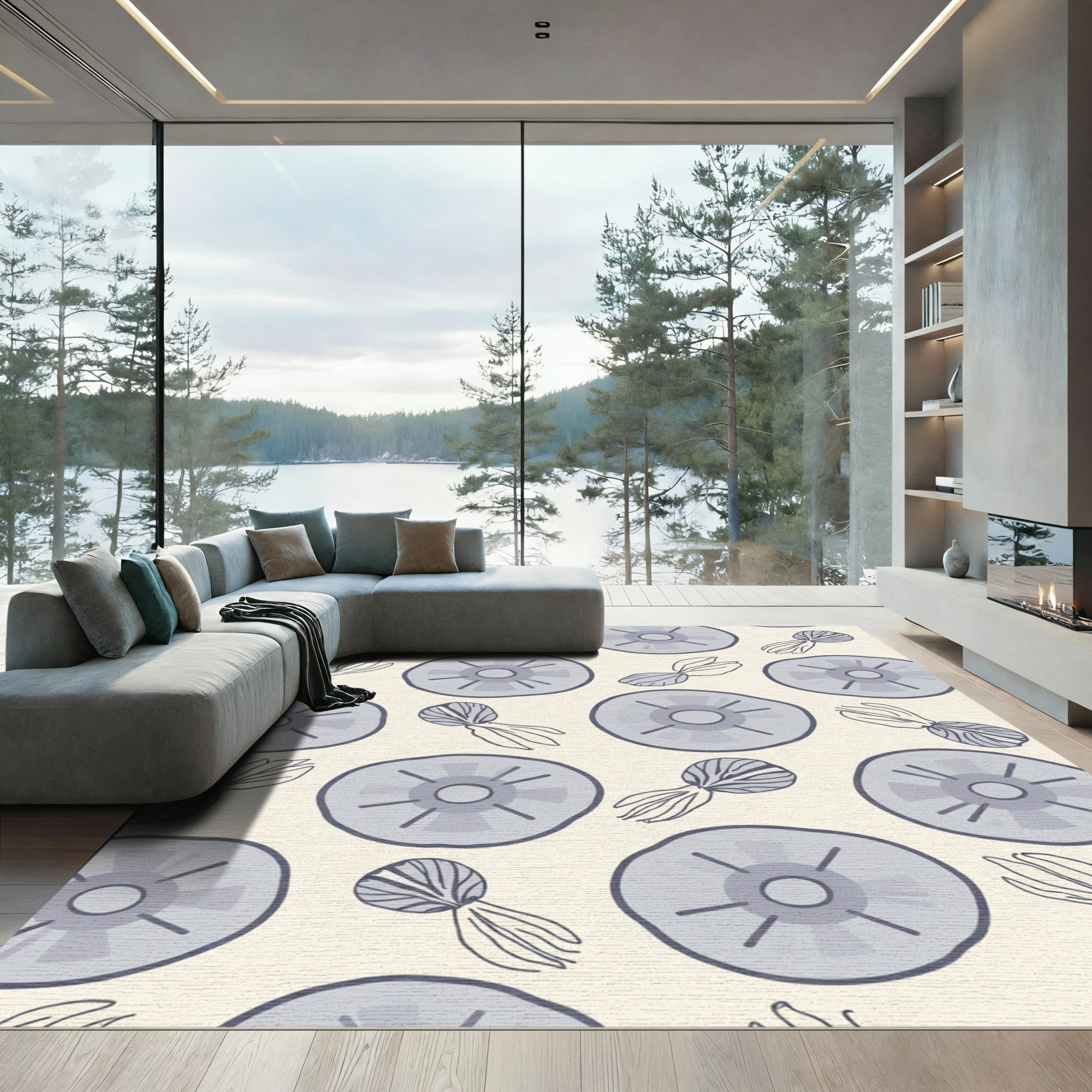 Serene Blue Round Botanic Scatter Rug