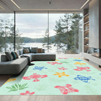 Playful Coral Blue Yellow Floral Ferns Rug