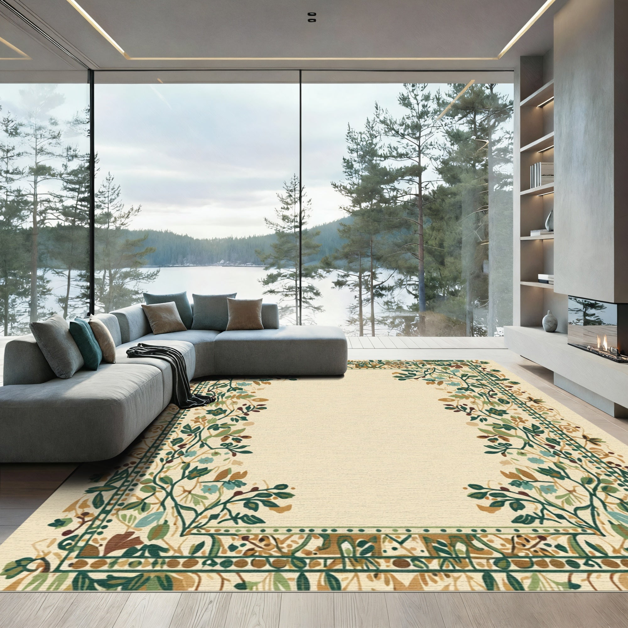 Vintage Forest Floral Vines Border Rug