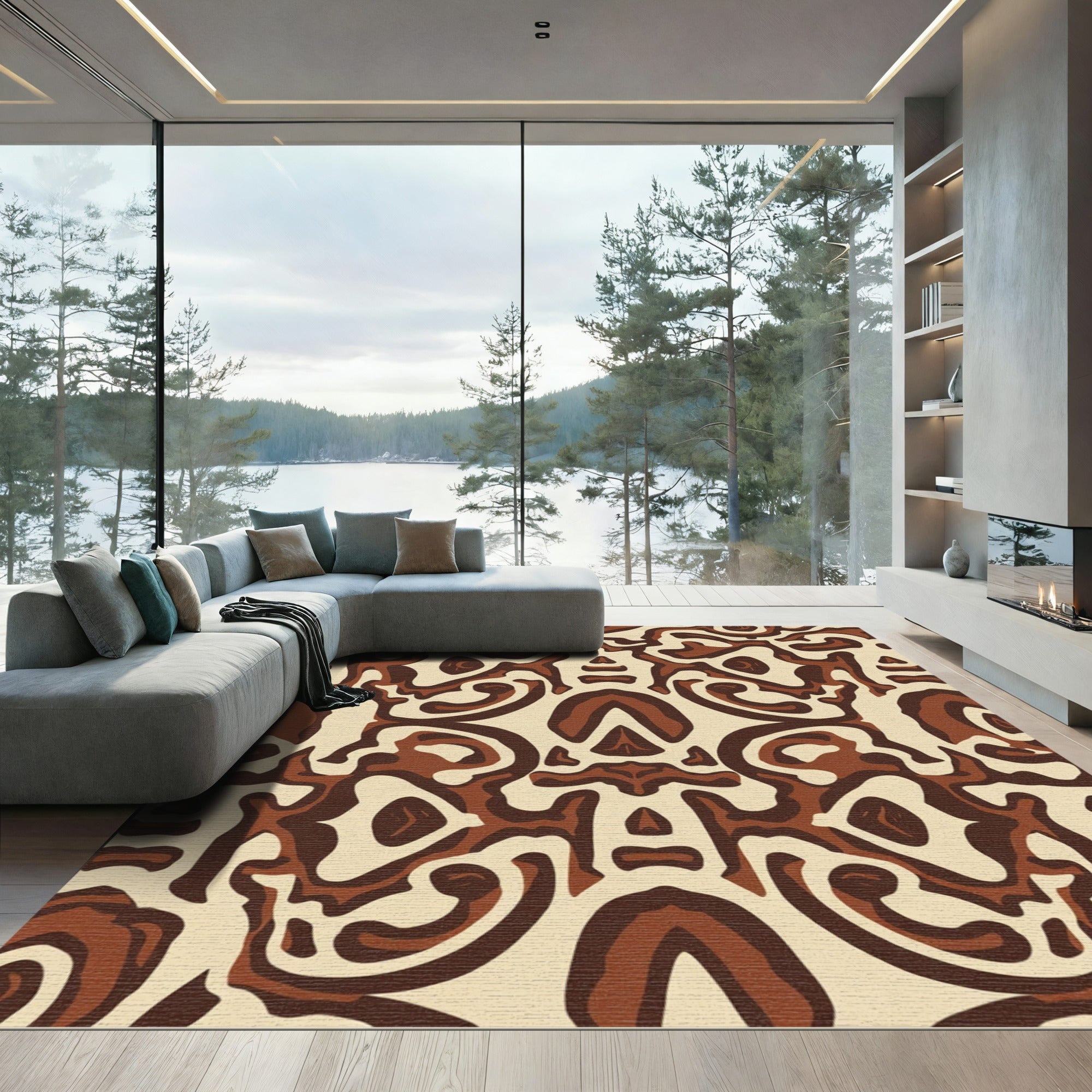 Cream Brown Organic Abstract Rug