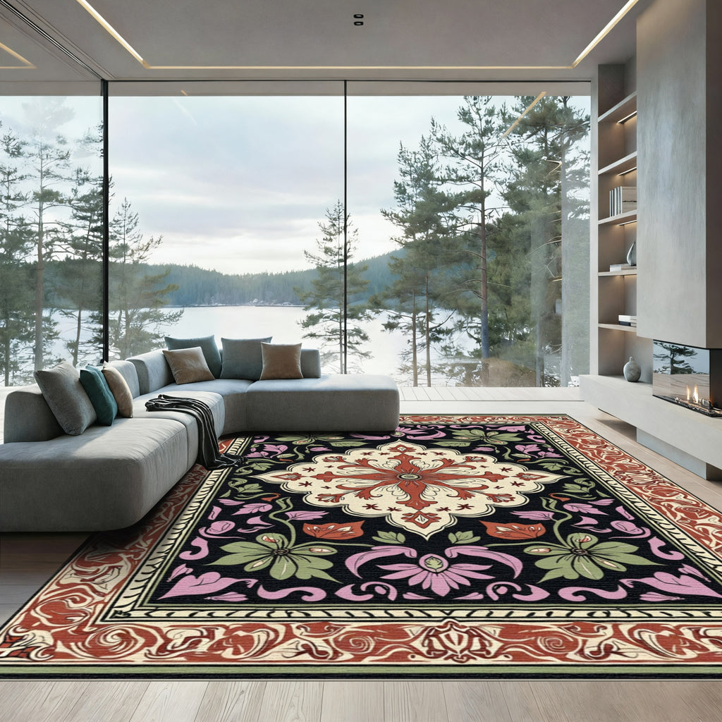 Crimson Floral Garden Medallion Rug